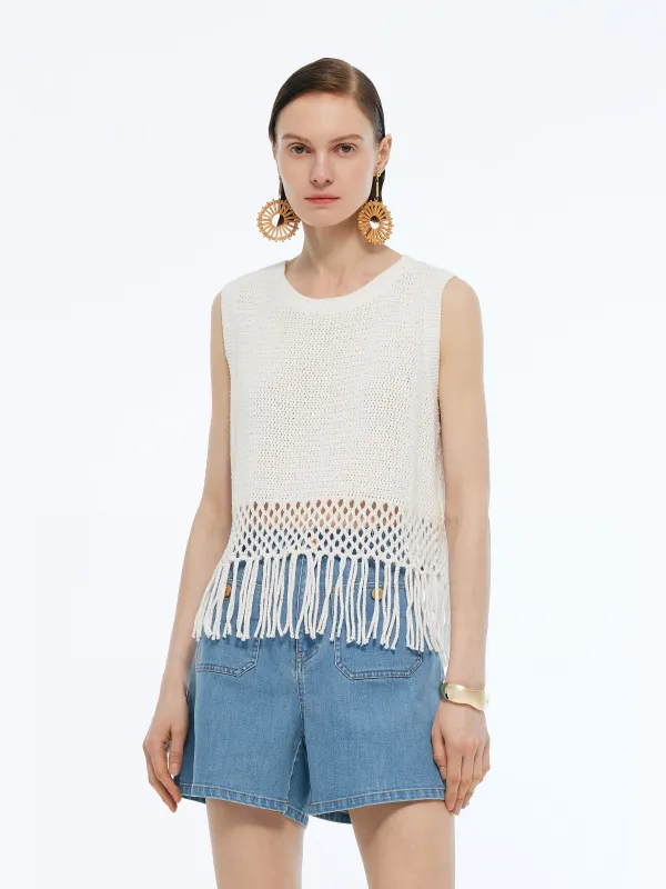 Sequins Tassel Hem Women Openwork Knit Tank Top sold by Goelia