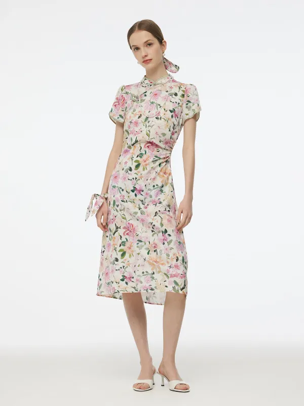 19MM Mulberry Silk Floral Print Side Twist Women Qipao Midi Dress sold by Goelia