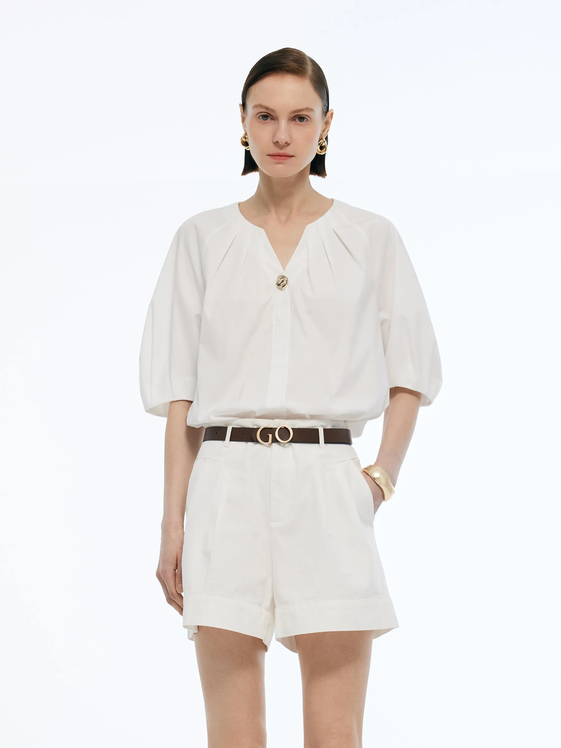 Volume Sleeve Women Pleat Neck Blouse sold by Goelia