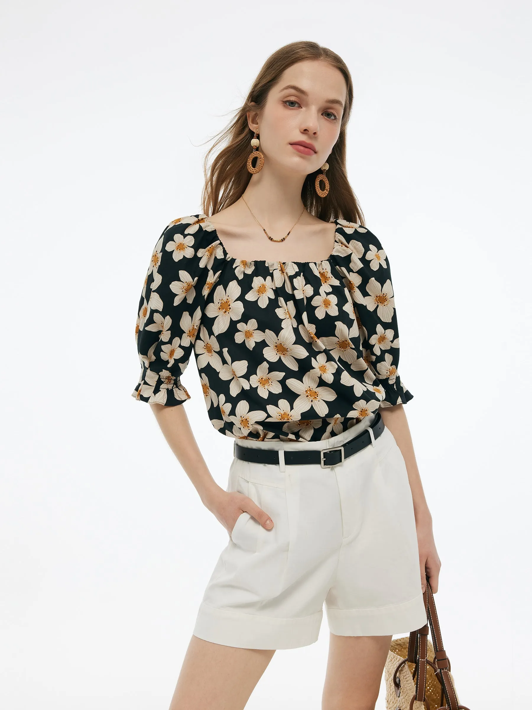 Cotton Floral Print Convertible Neckline Women Tunic Top sold by Goelia