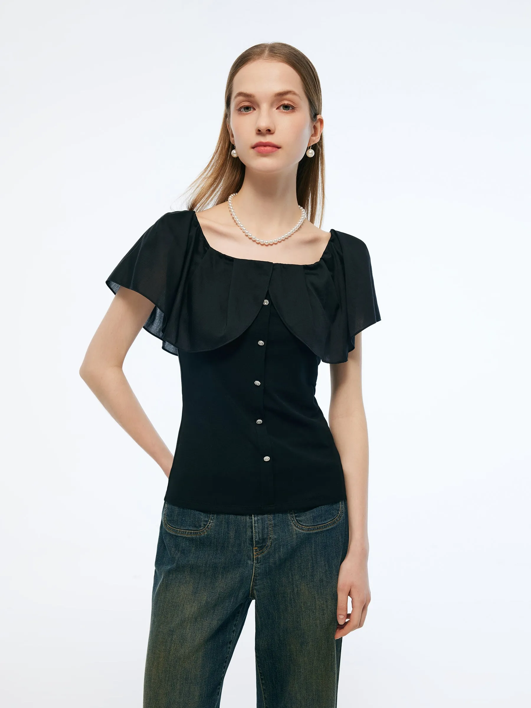 Tencel Blend Convertible Neckline Women Ruffled Top sold by Goelia