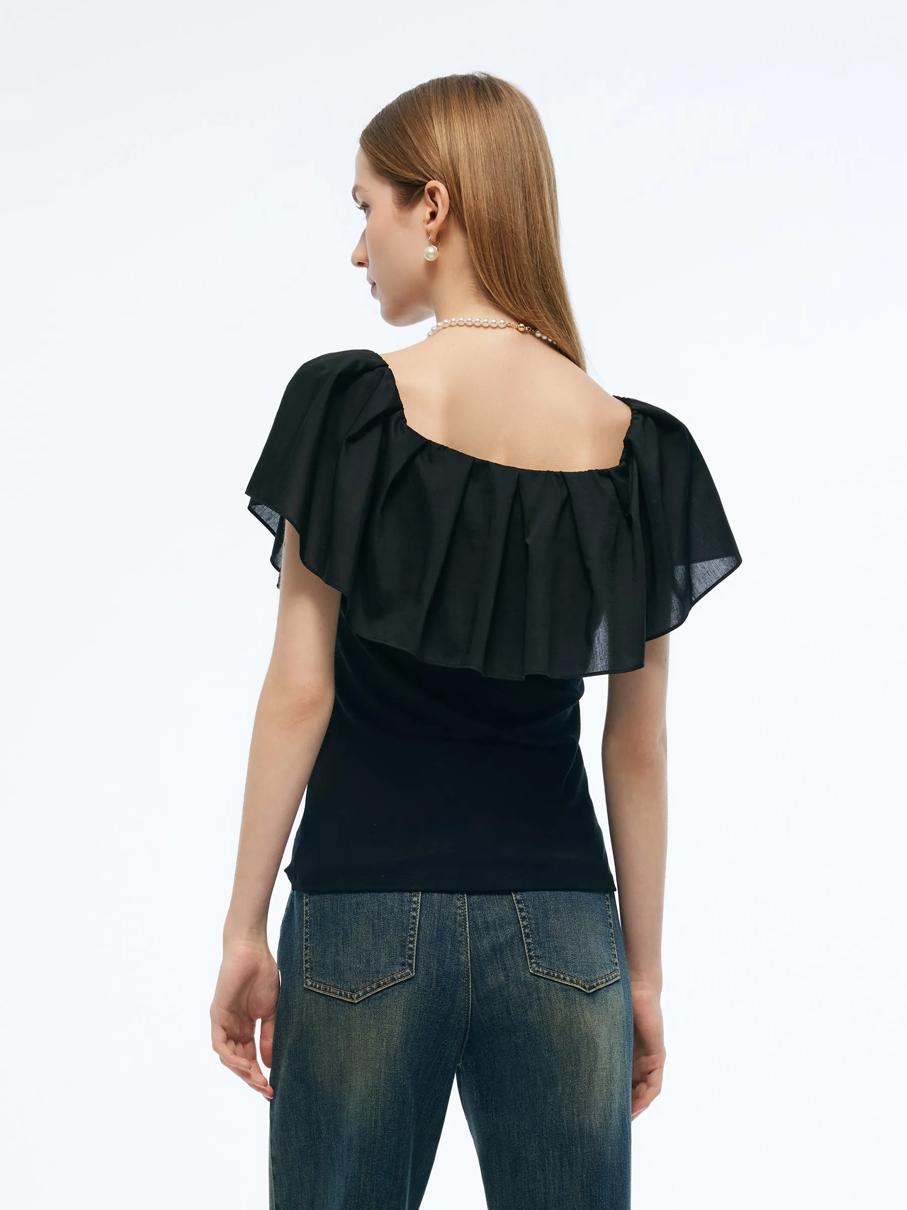 Tencel Blend Convertible Neckline Women Ruffled Top sold by Goelia product image thumbnail 3