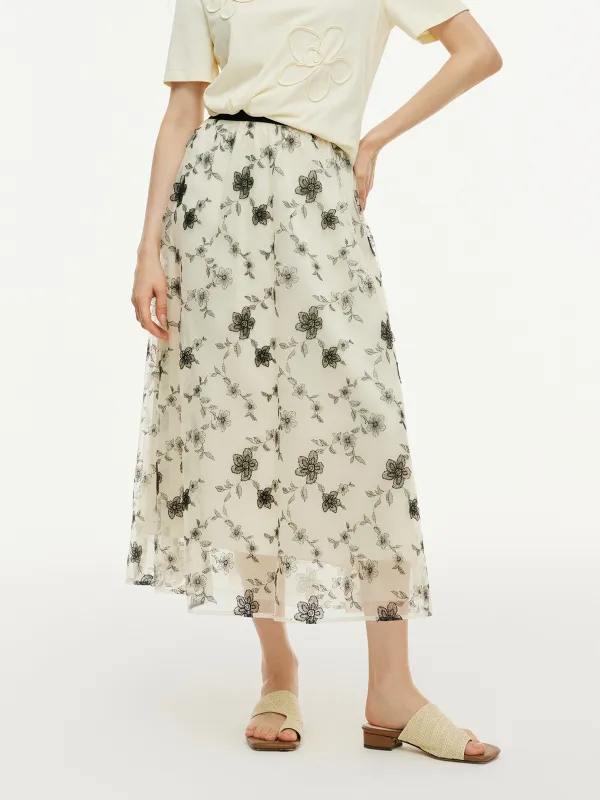 Floral Embroidered Women Elastic Waist Mesh Skirt sold by Goelia
