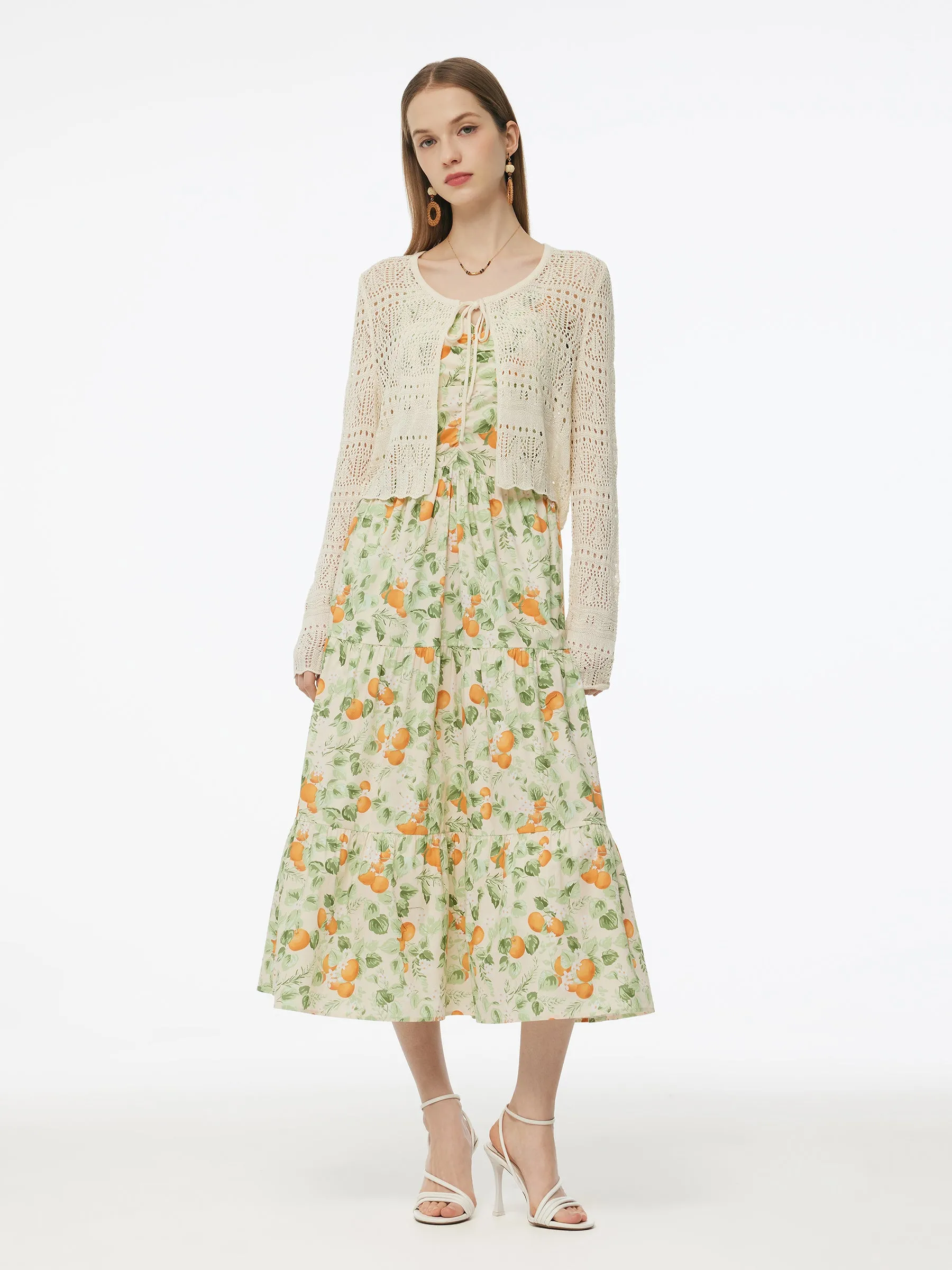 Cotton Floral Print Strap Maxi Dress And Openwork Cardigan Two-Piece Set sold by Goelia