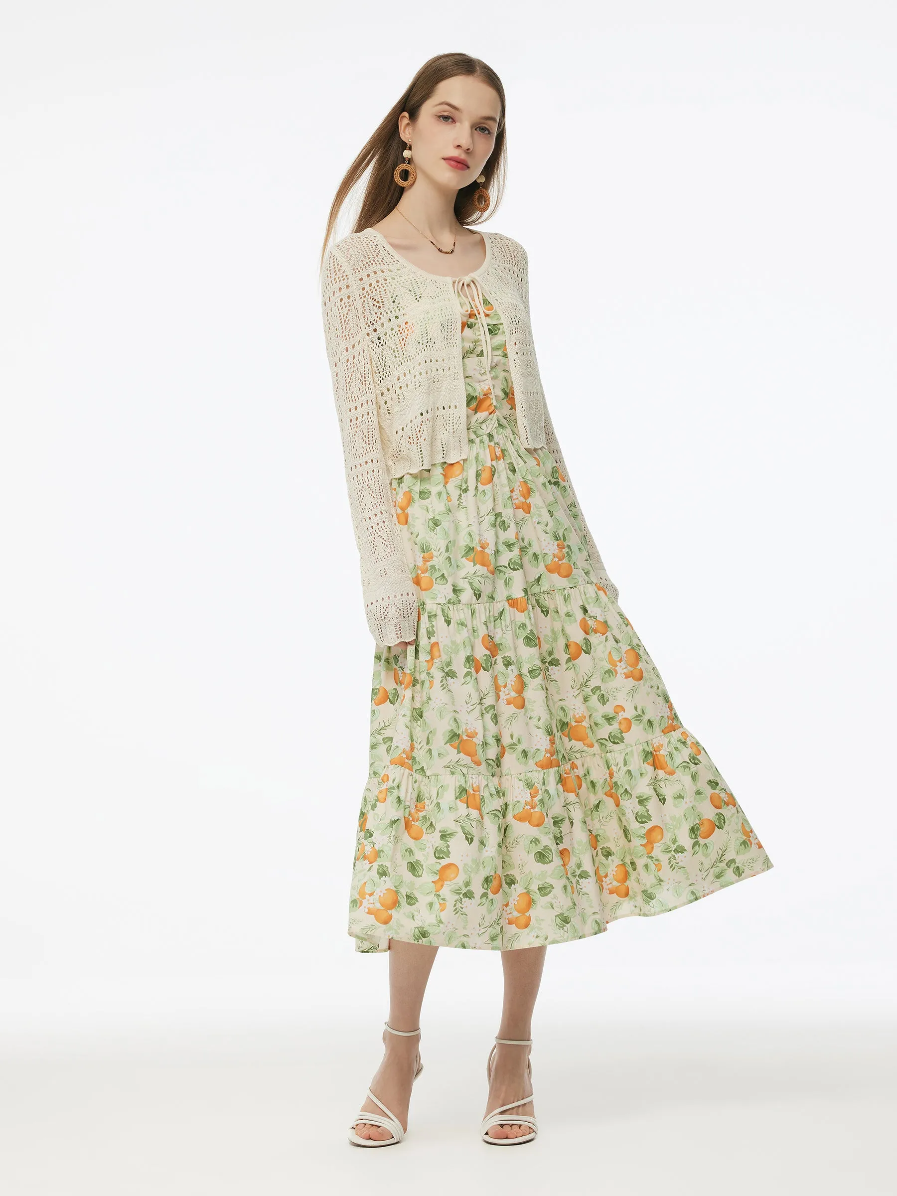 Cotton Floral Print Strap Maxi Dress And Openwork Cardigan Two-Piece Set sold by Goelia product image thumbnail 2