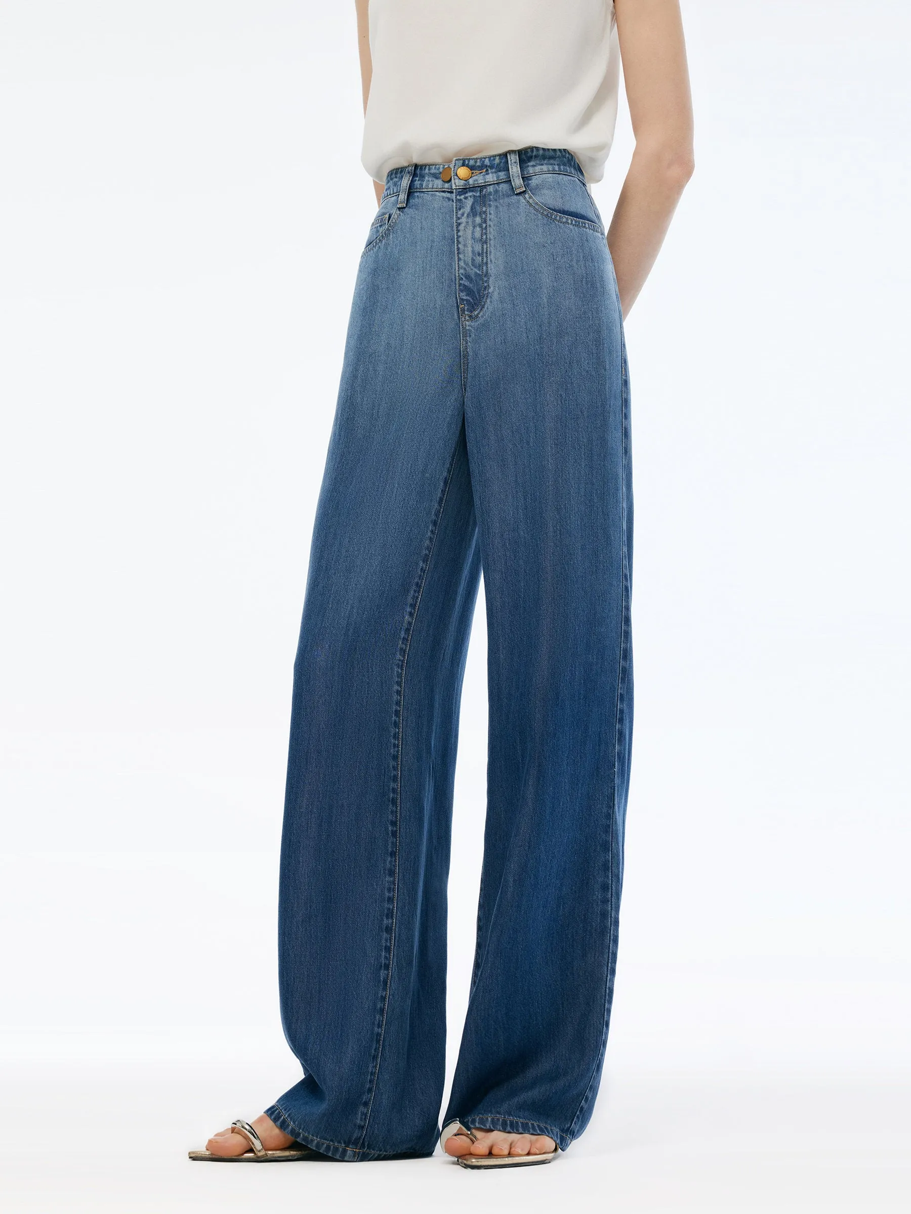 100% Tencel Denim Gradient Women Adjustable Waist Jeans sold by Goelia