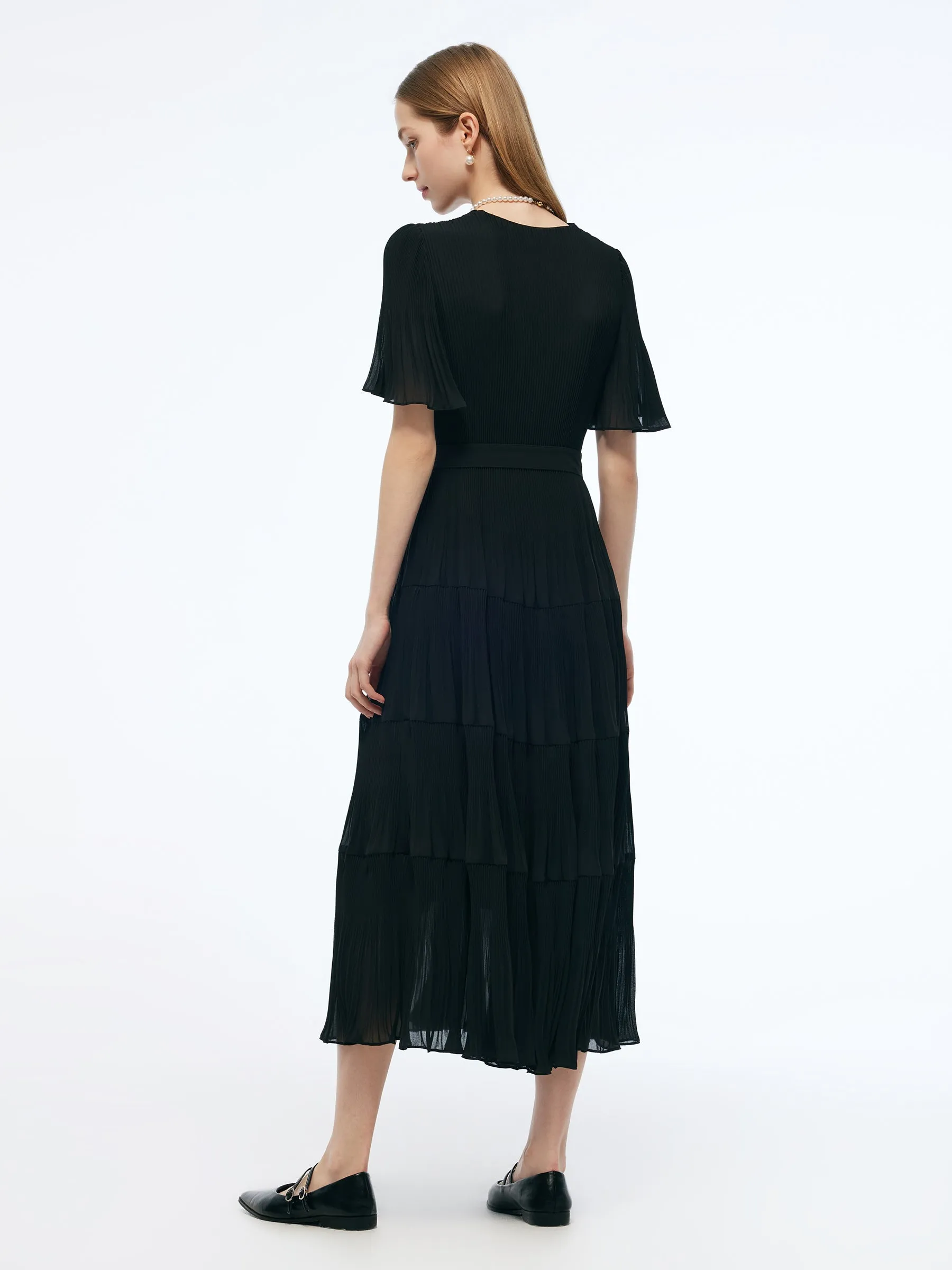 Pleated V-Neck Women A-Line Tie Belt Maxi Dress sold by Goelia product image thumbnail 4