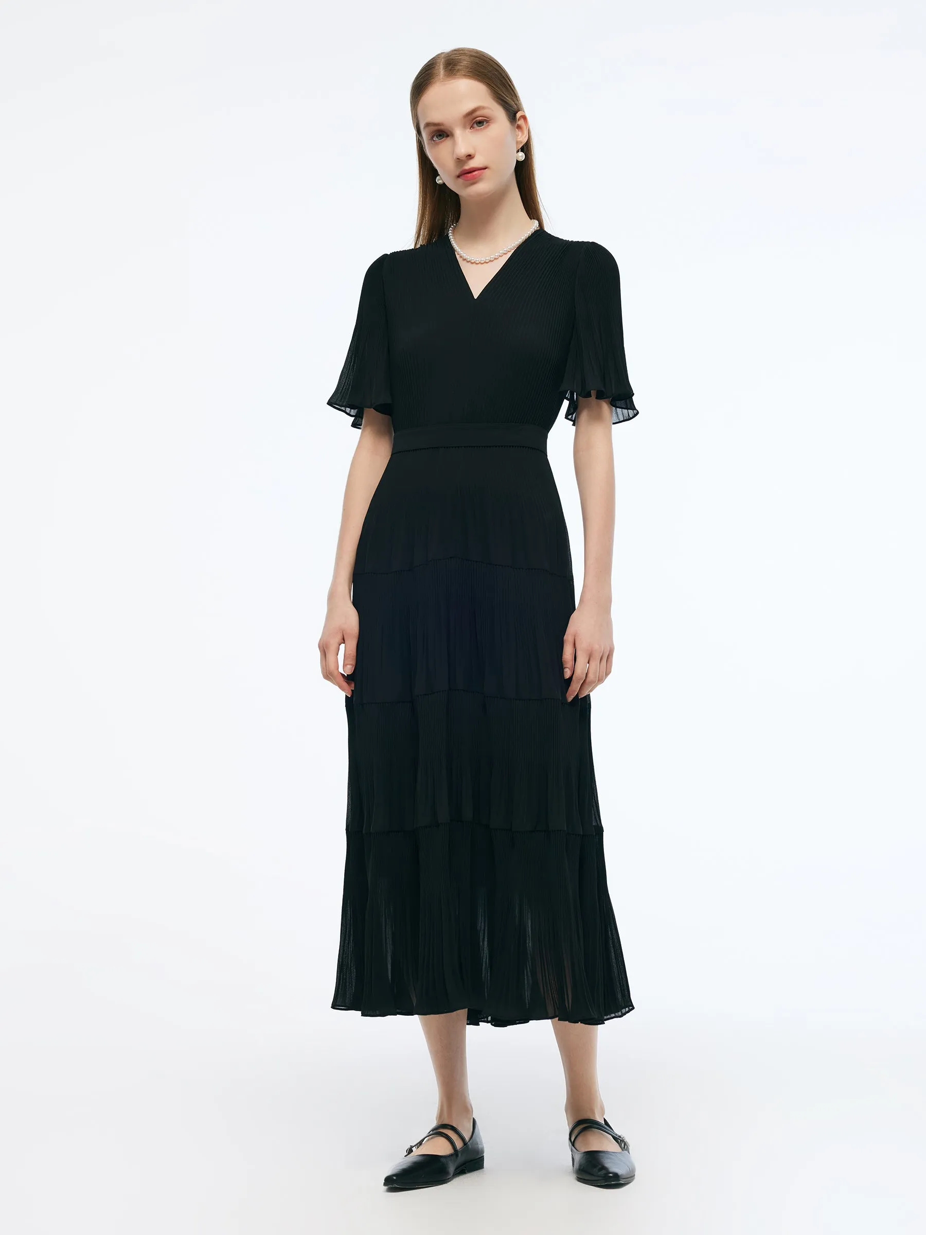 Pleated V-Neck Women A-Line Tie Belt Maxi Dress sold by Goelia product image thumbnail 5