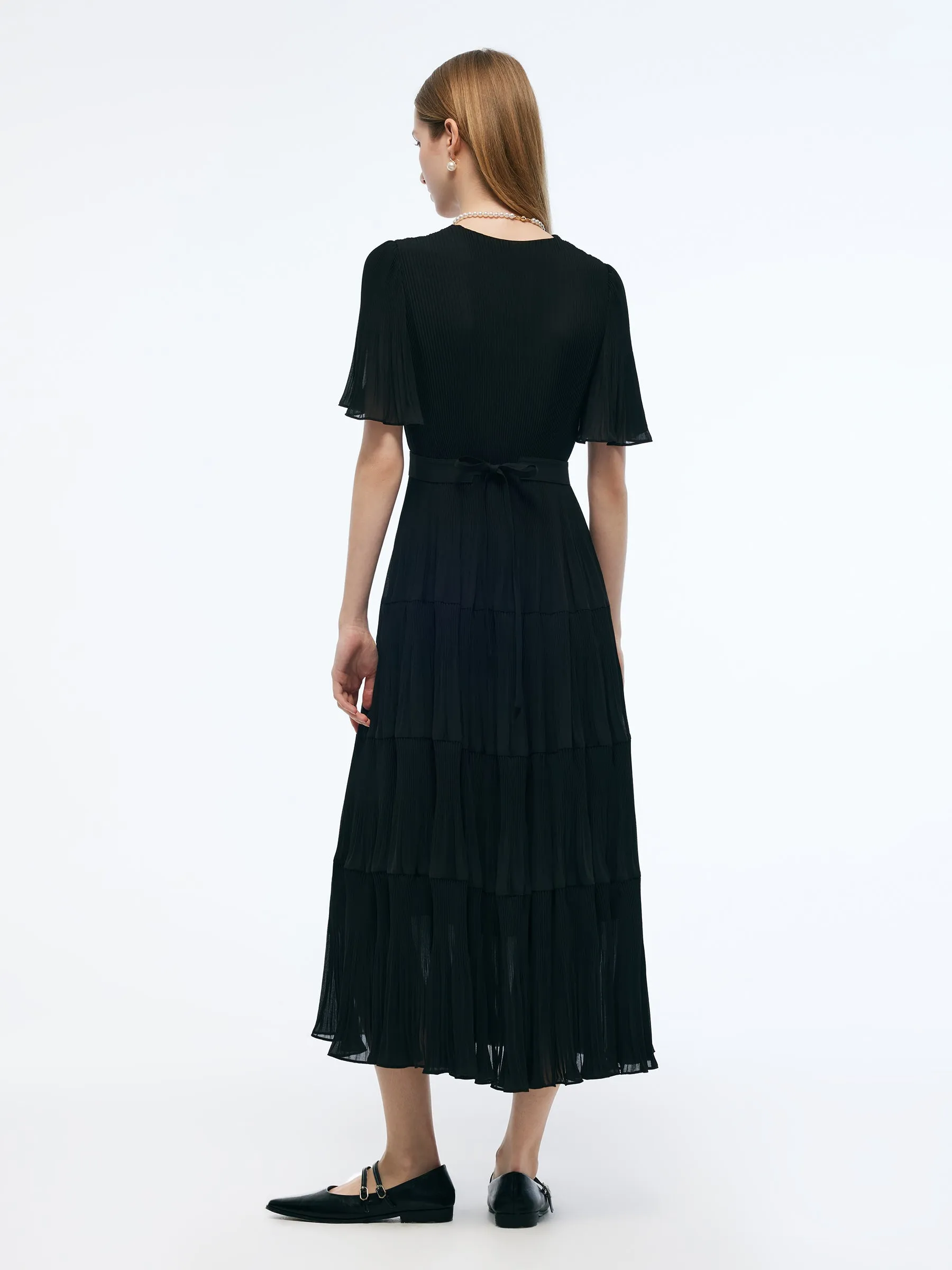 Pleated V-Neck Women A-Line Tie Belt Maxi Dress sold by Goelia product image thumbnail 3
