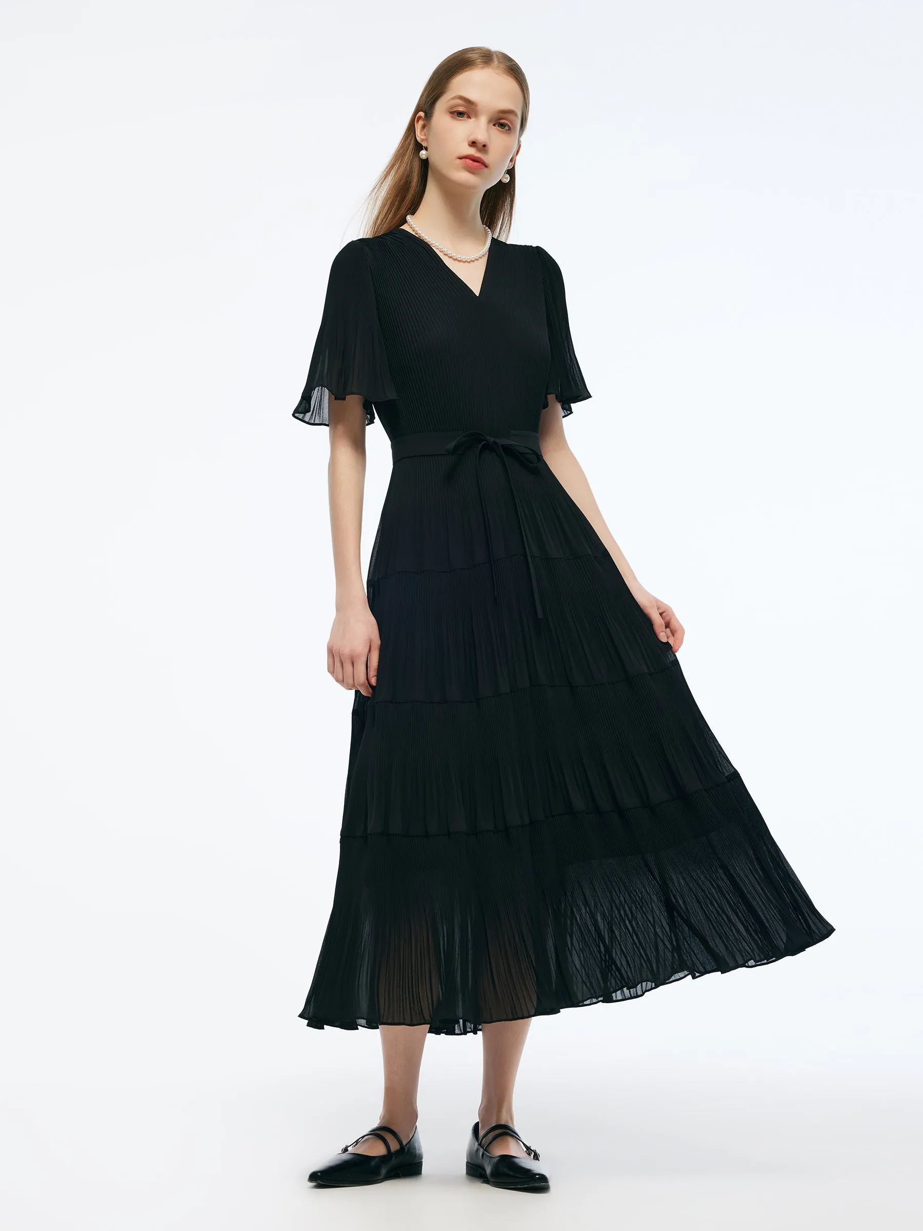 Pleated V-Neck Women A-Line Tie Belt Maxi Dress sold by Goelia product image thumbnail 2