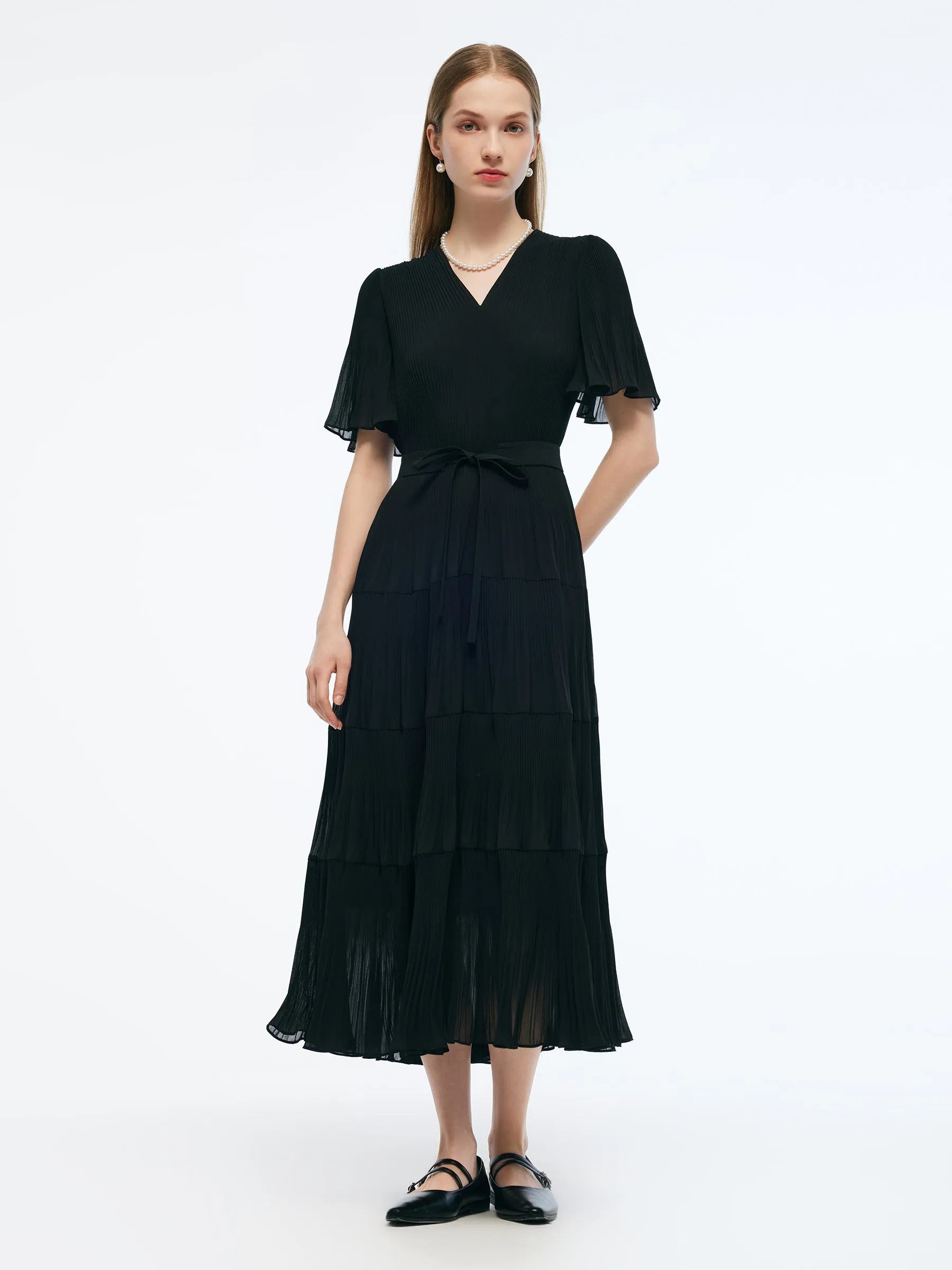 Pleated V-Neck Women A-Line Tie Belt Maxi Dress sold by Goelia