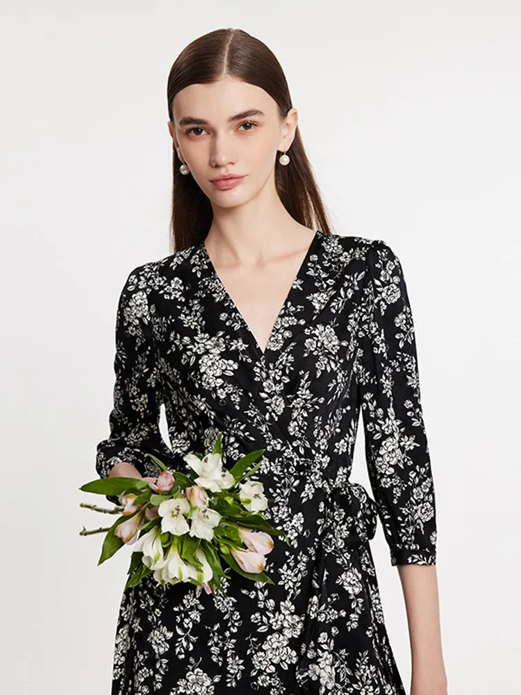 Camellia Print V-Neck Ruffle Hem Women Midi Wrap Dress sold by Goelia product image thumbnail 5