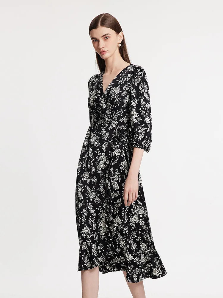 Camellia Print V-Neck Ruffle Hem Women Midi Wrap Dress sold by Goelia product image thumbnail 3