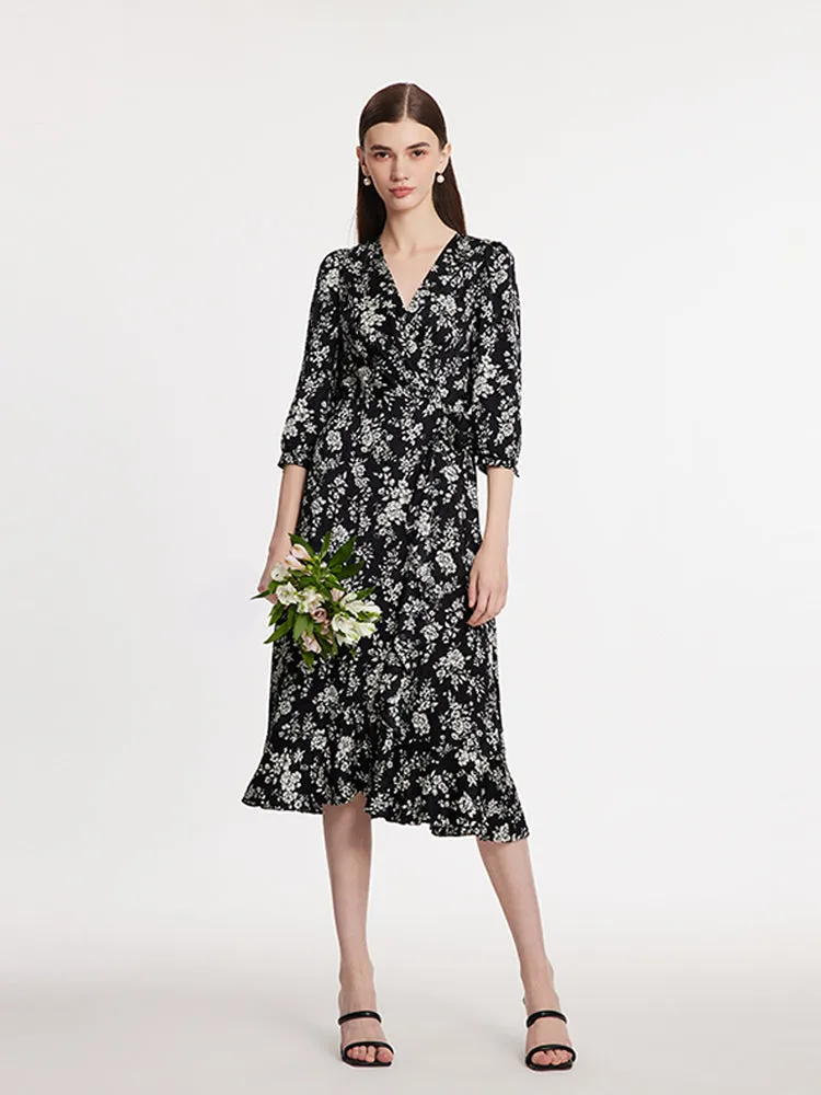 Camellia Print V-Neck Ruffle Hem Women Midi Wrap Dress sold by Goelia product image thumbnail 2