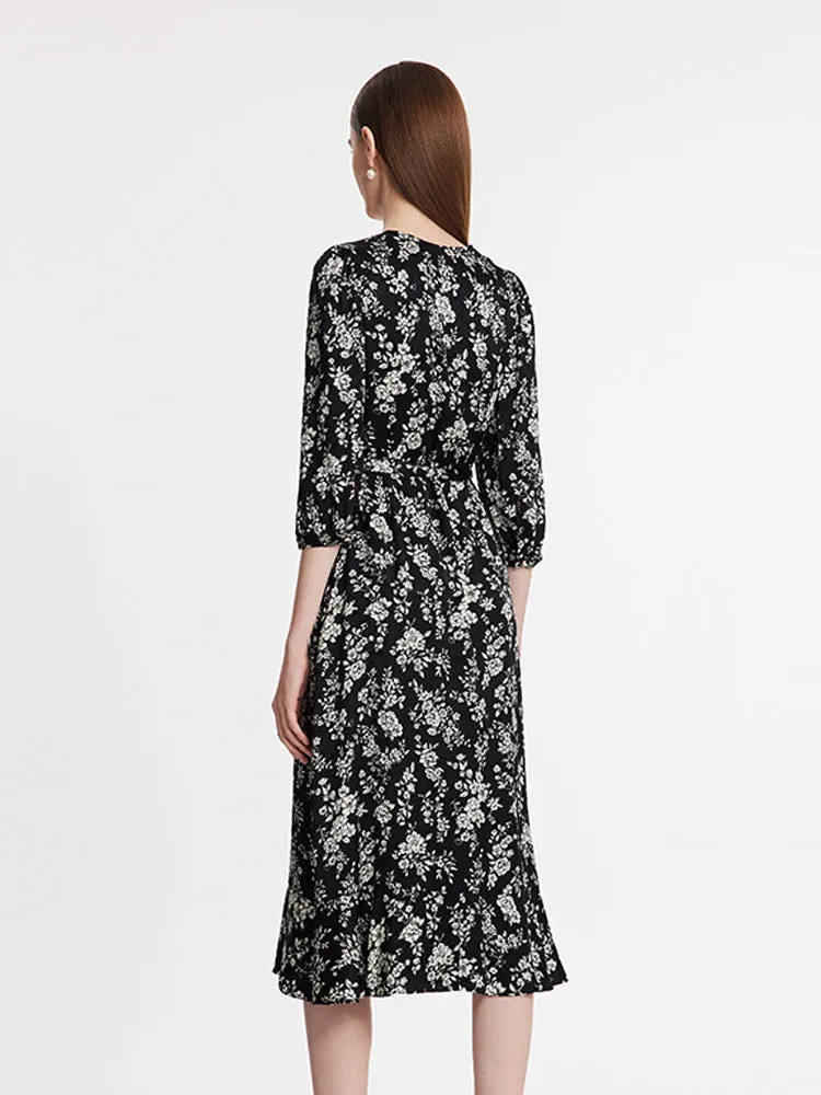 Camellia Print V-Neck Ruffle Hem Women Midi Wrap Dress sold by Goelia product image thumbnail 4