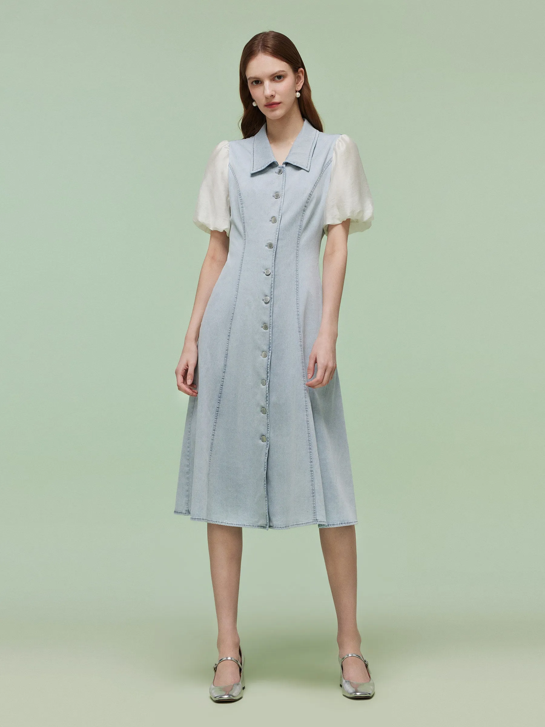 Denim Patchwork Women Puff-sleeved Midi Dress sold by Goelia product image thumbnail 2