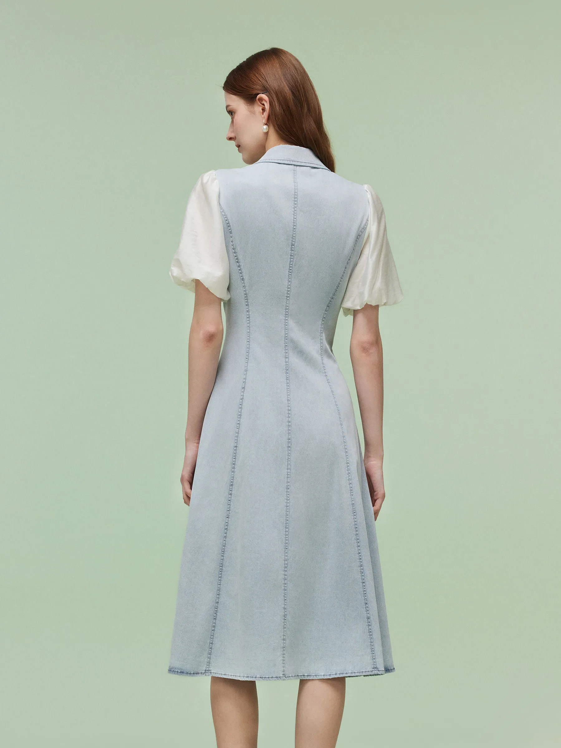 Denim Patchwork Women Puff-sleeved Midi Dress sold by Goelia product image thumbnail 3