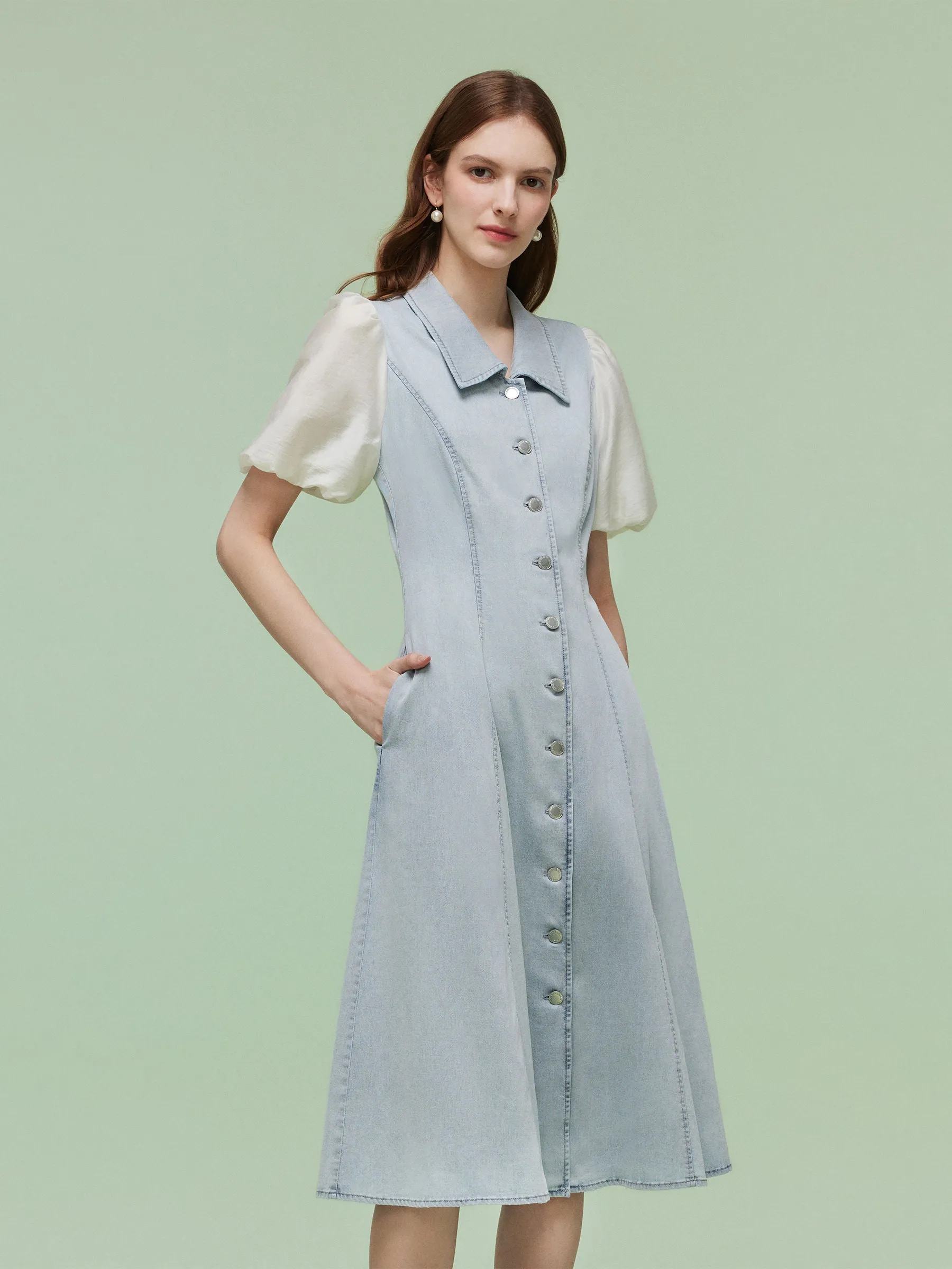 Denim Patchwork Women Puff-sleeved Midi Dress sold by Goelia product image thumbnail 4