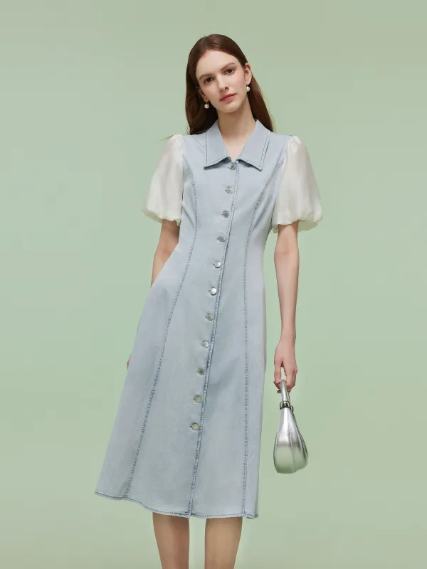 Denim Patchwork Women Puff-sleeved Midi Dress sold by Goelia
