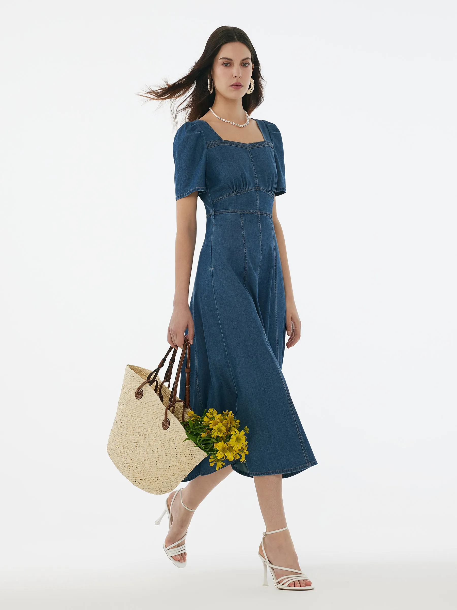 Denim Stretch Women Square Neck Midi Dress sold by Goelia product image thumbnail 5