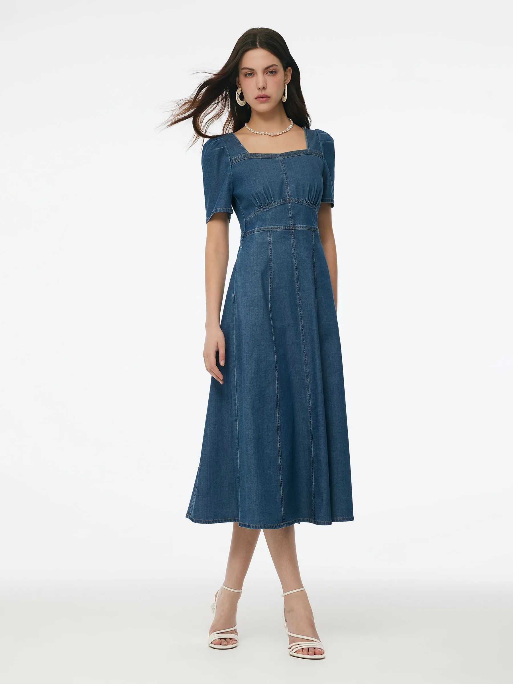 Denim Stretch Women Square Neck Midi Dress sold by Goelia product image thumbnail 2