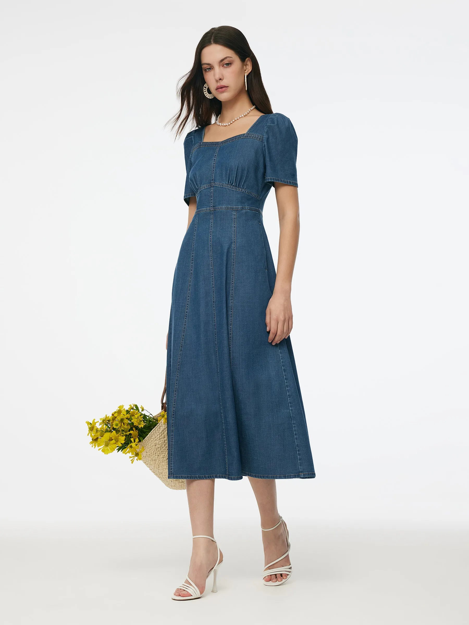 Denim Stretch Women Square Neck Midi Dress sold by Goelia