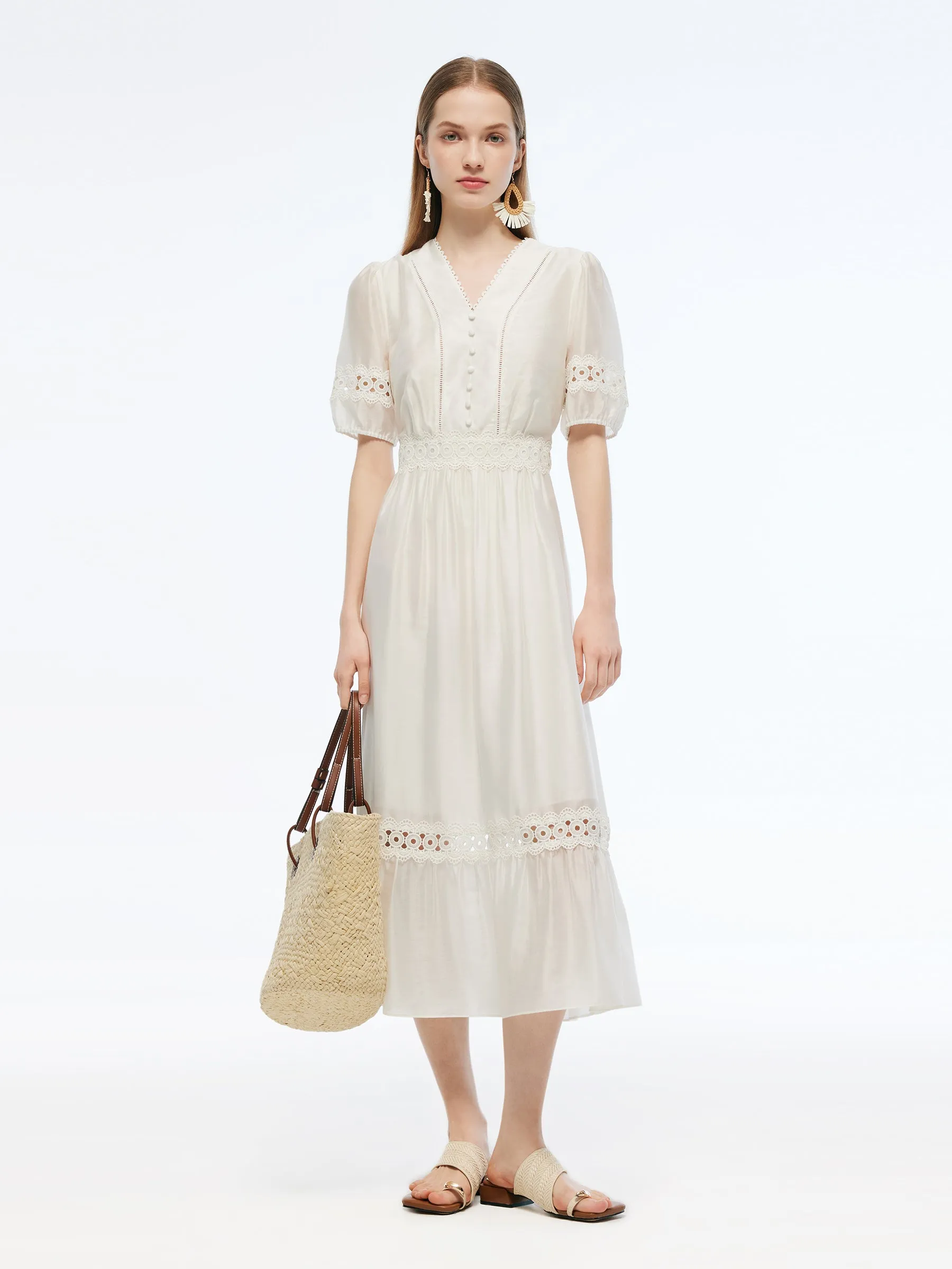 Tencel Blend Patchwork Lace Women Maxi Dress sold by Goelia