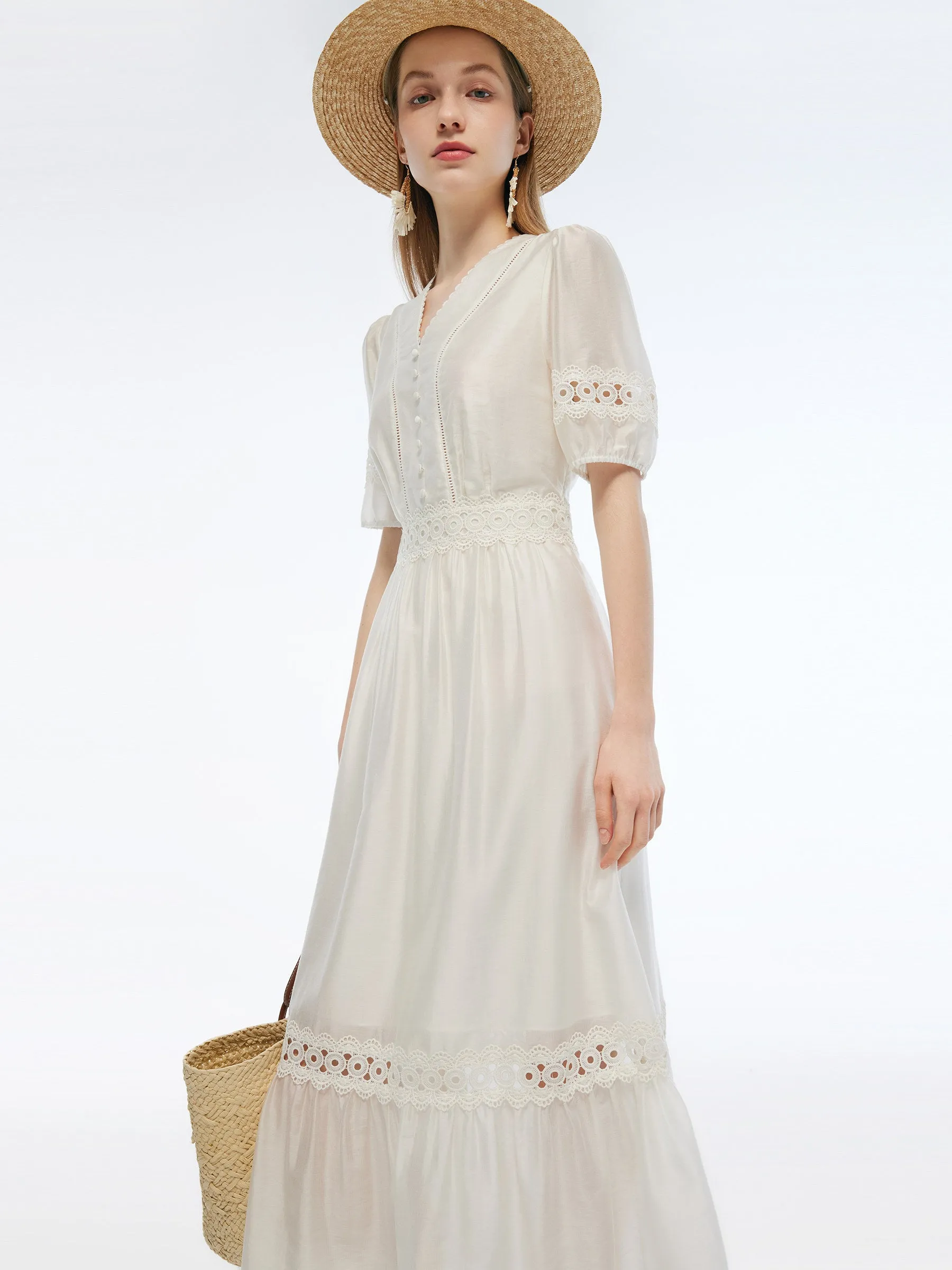 Tencel Blend Patchwork Lace Women Maxi Dress sold by Goelia product image thumbnail 4