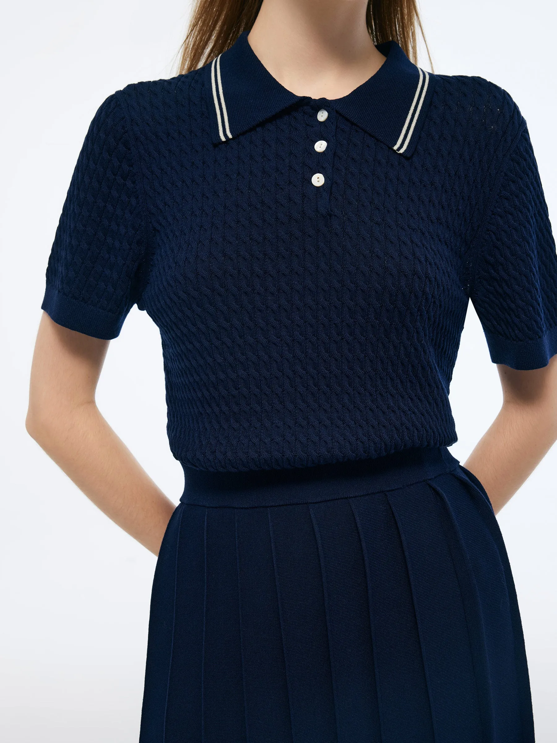 Lyocell Blend Polo Knit Top And Pleated Skirt Two-Piece Set sold by Goelia product image thumbnail 5