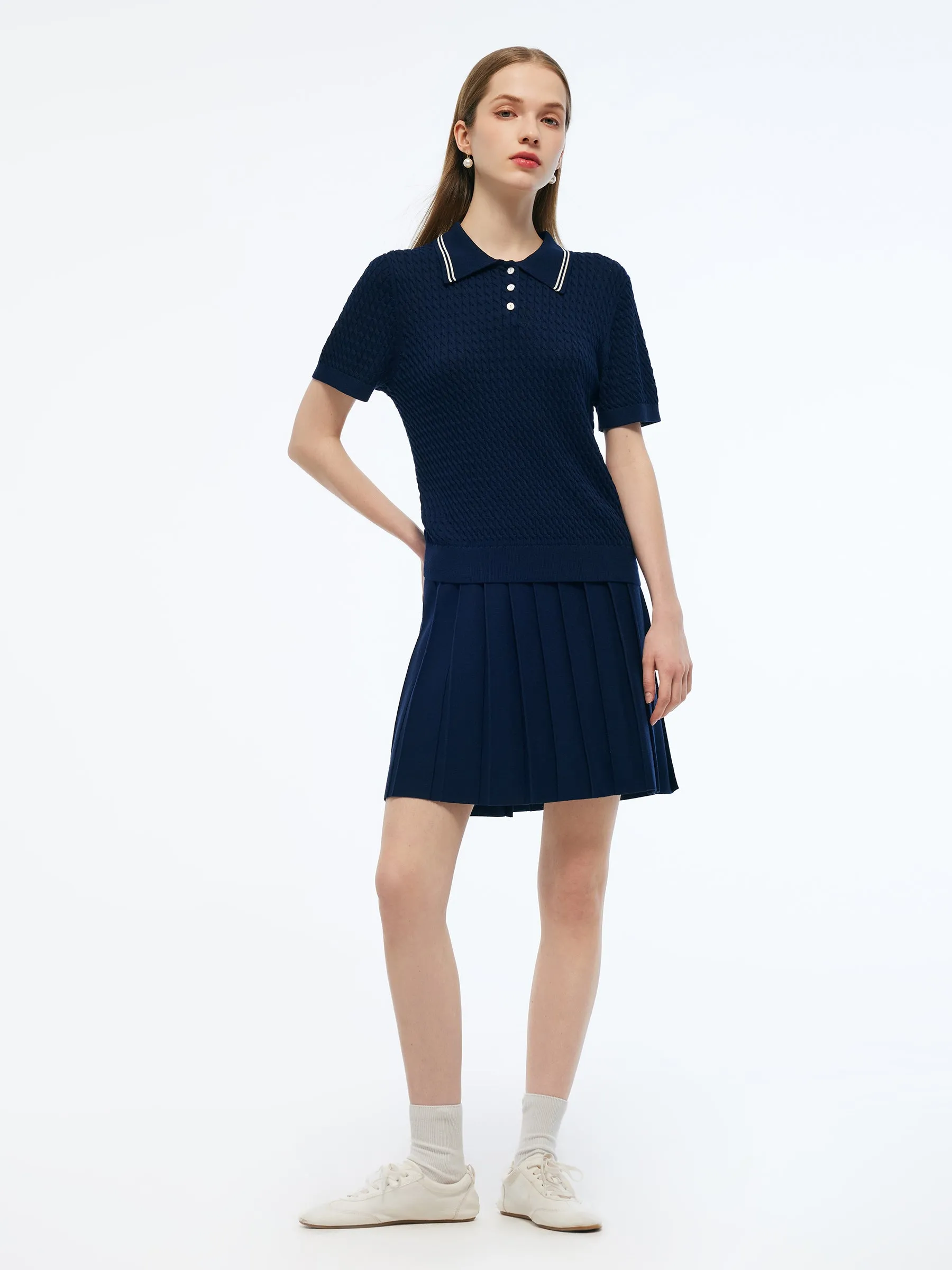 Lyocell Blend Polo Knit Top And Pleated Skirt Two-Piece Set sold by Goelia product image thumbnail 4