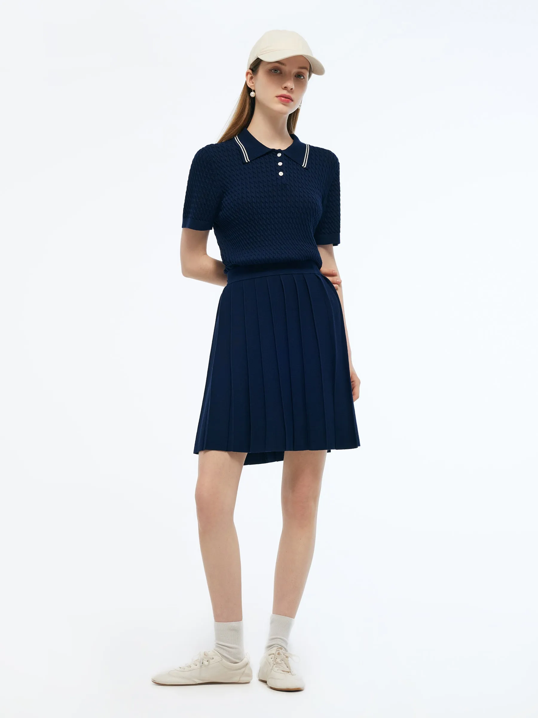 Lyocell Blend Polo Knit Top And Pleated Skirt Two-Piece Set sold by Goelia product image thumbnail 2