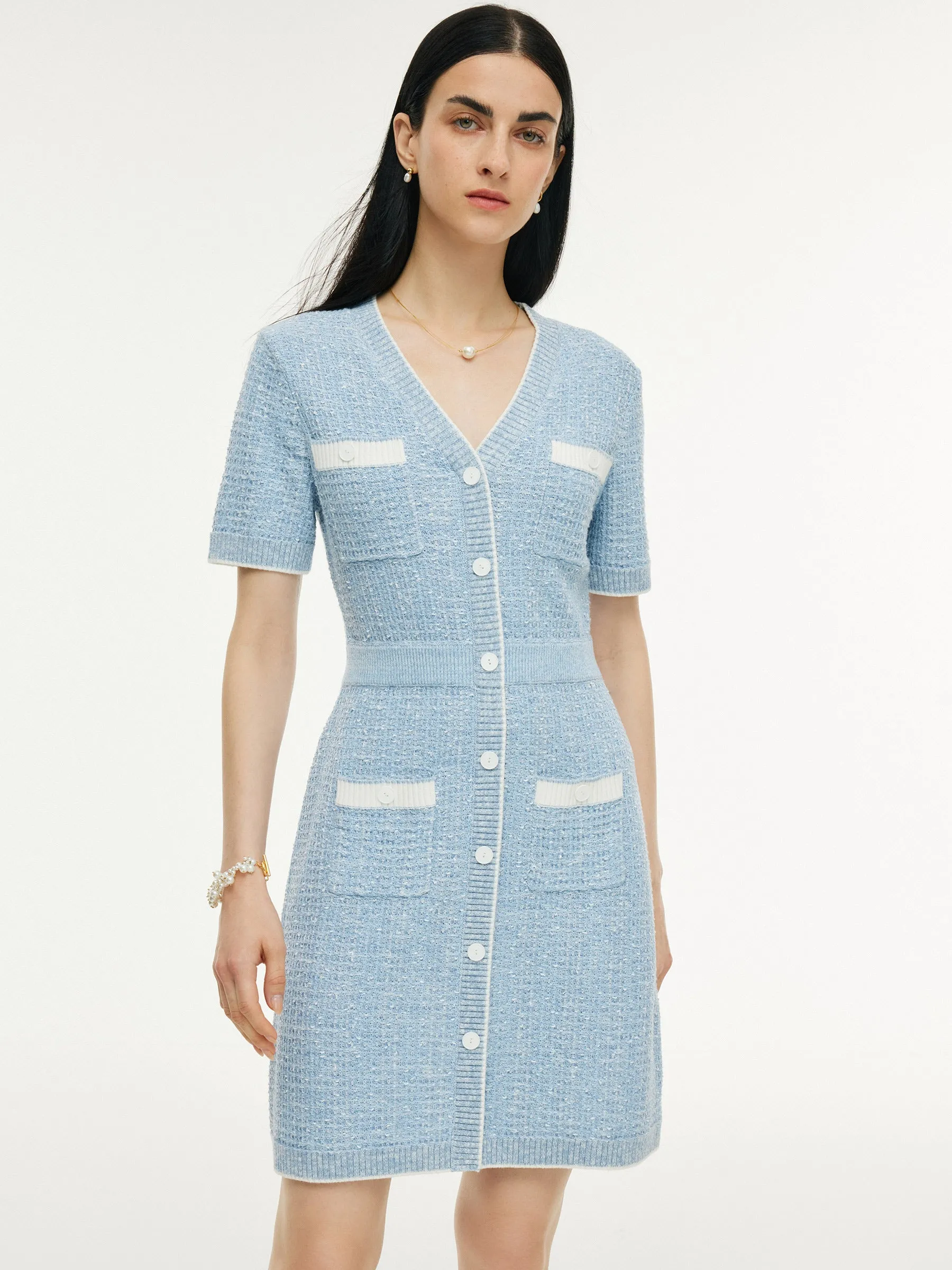 V-Neck Gathered Waist Women Knit Mini Dress sold by Goelia