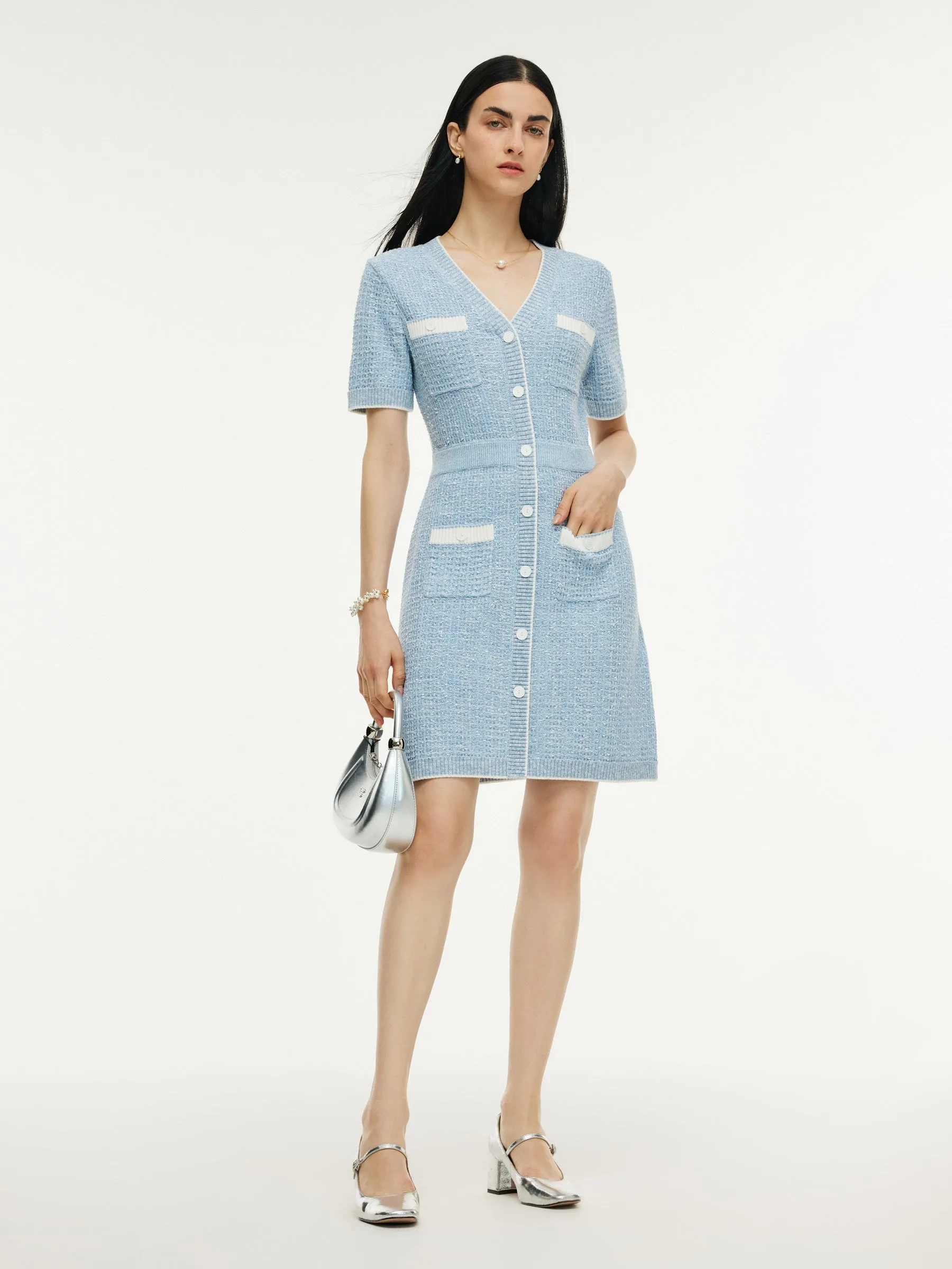 V-Neck Gathered Waist Women Knit Mini Dress sold by Goelia product image thumbnail 4