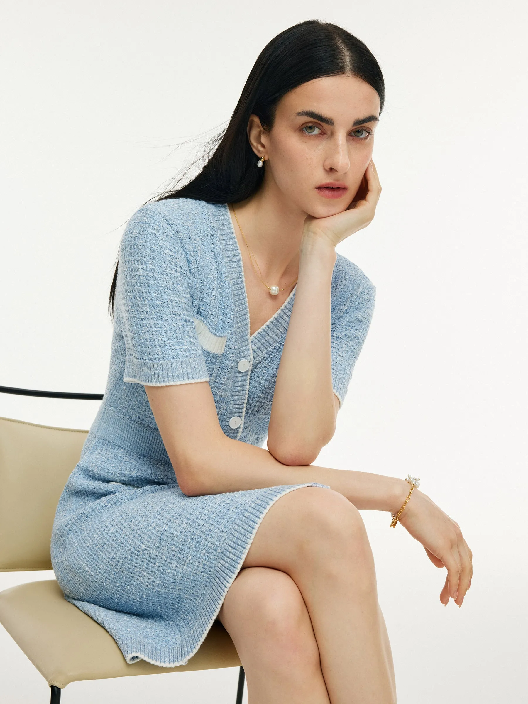 V-Neck Gathered Waist Women Knit Mini Dress sold by Goelia product image thumbnail 5