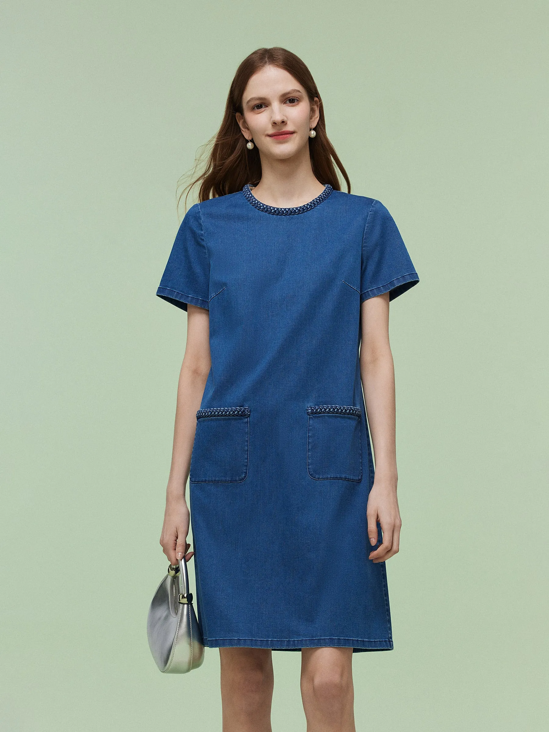 Denim Stretch Round Neck Women Mini Dress sold by Goelia