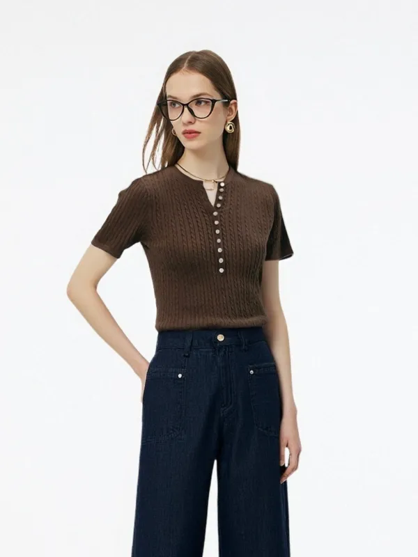 Henley Neck Women Knit Top sold by Goelia