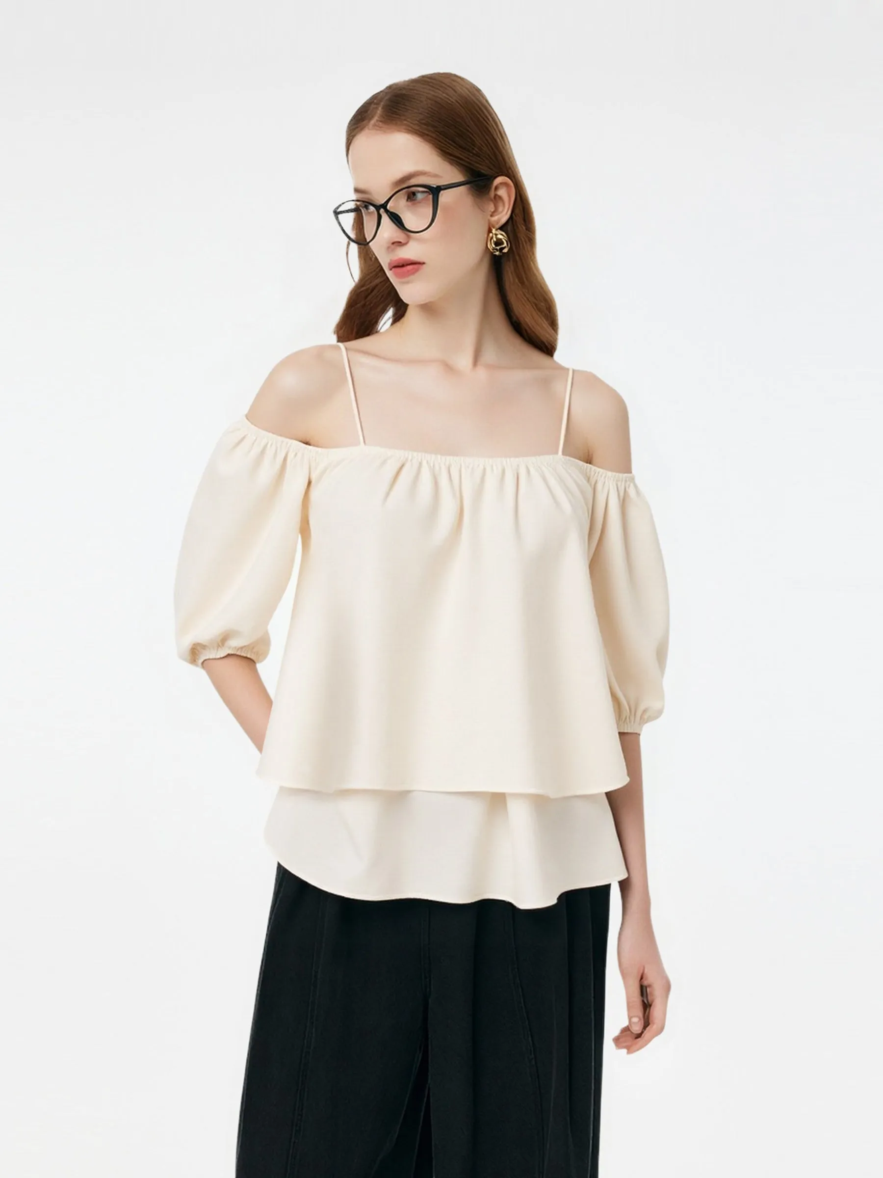 Acetate Blend Convertible Neckline Women Ruffle Hem Top sold by Goelia