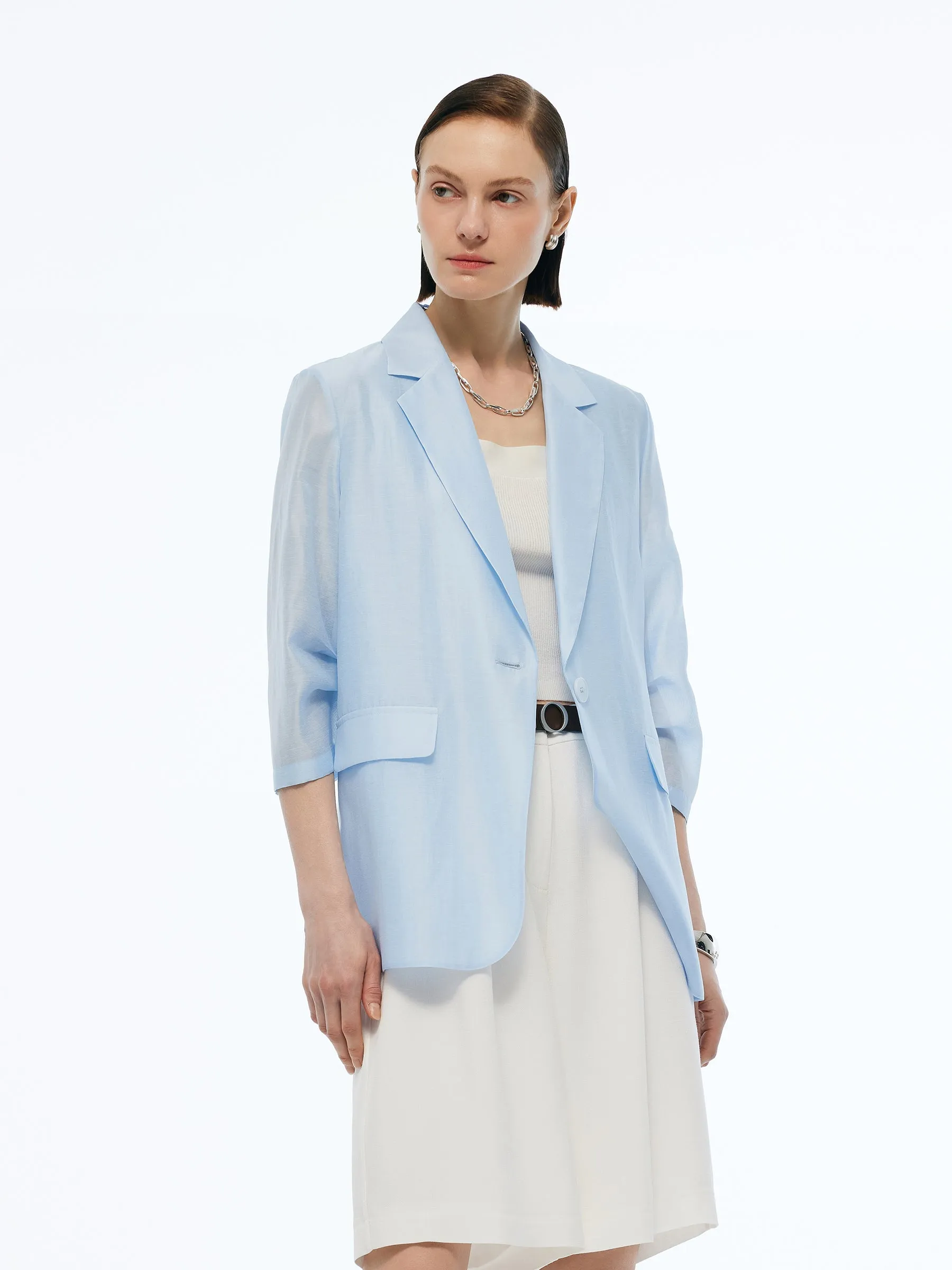 Tencel Linen Blend 3/4 Sleeves Women Blazer sold by Goelia