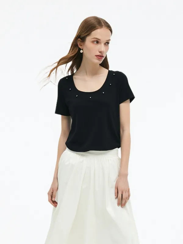 Square Neck Heart Decorated Women T-Shirt sold by Goelia