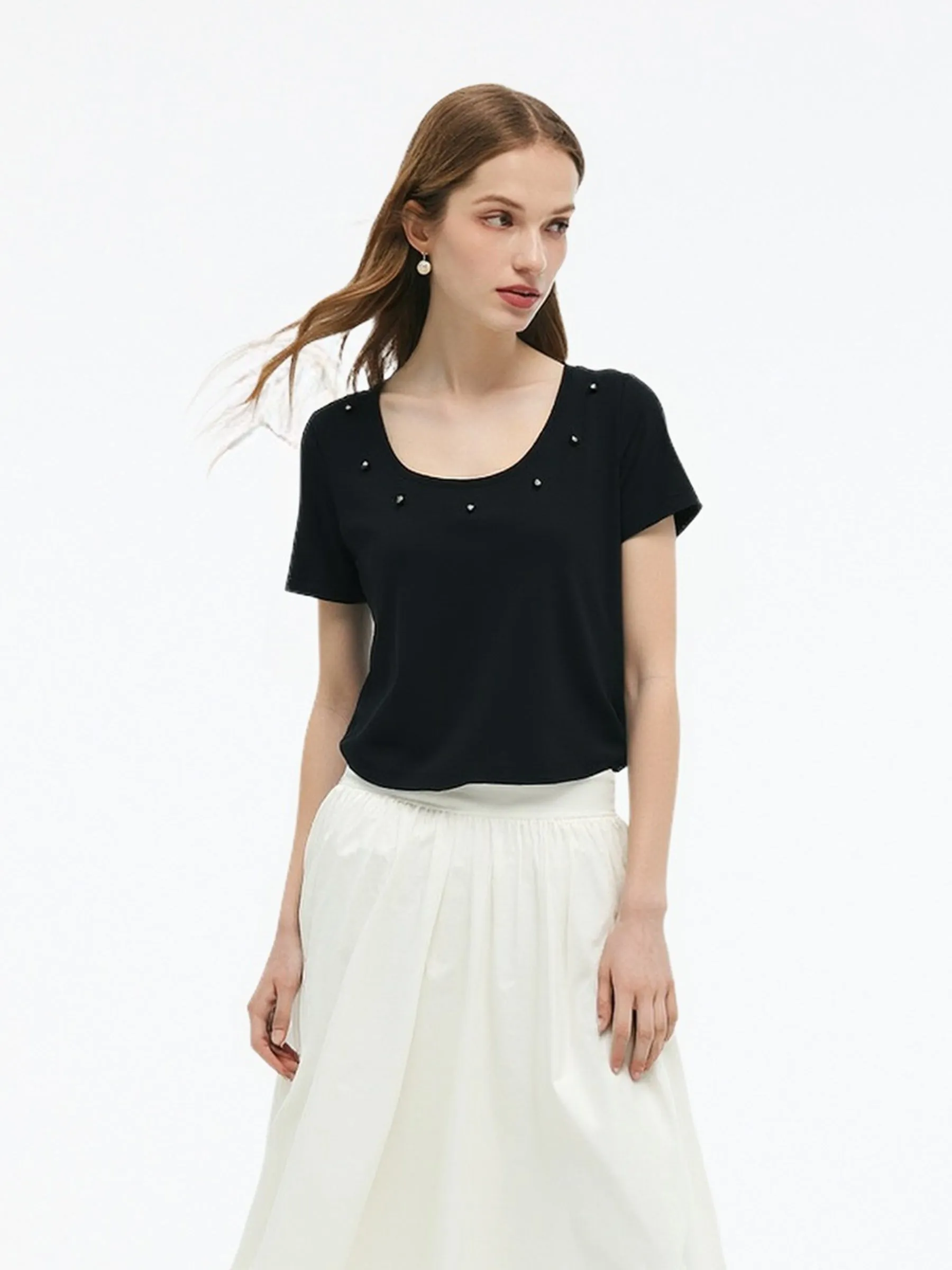 Square Neck Heart Decorated Women T-Shirt sold by Goelia