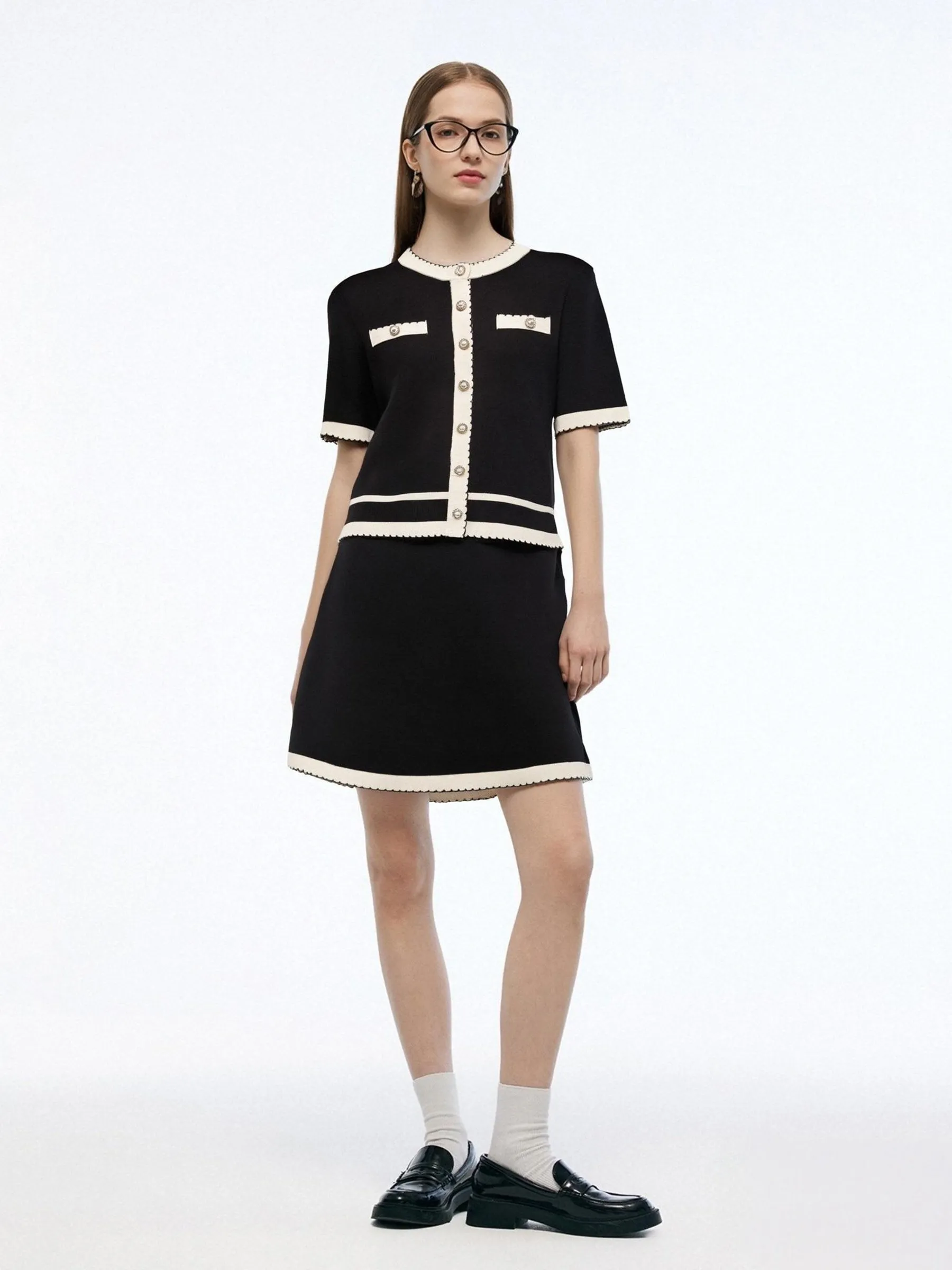 Lyocell Blend Contrast Trim Cardigan And Mini Skirt Two-Piece Set sold by Goelia product image thumbnail 2