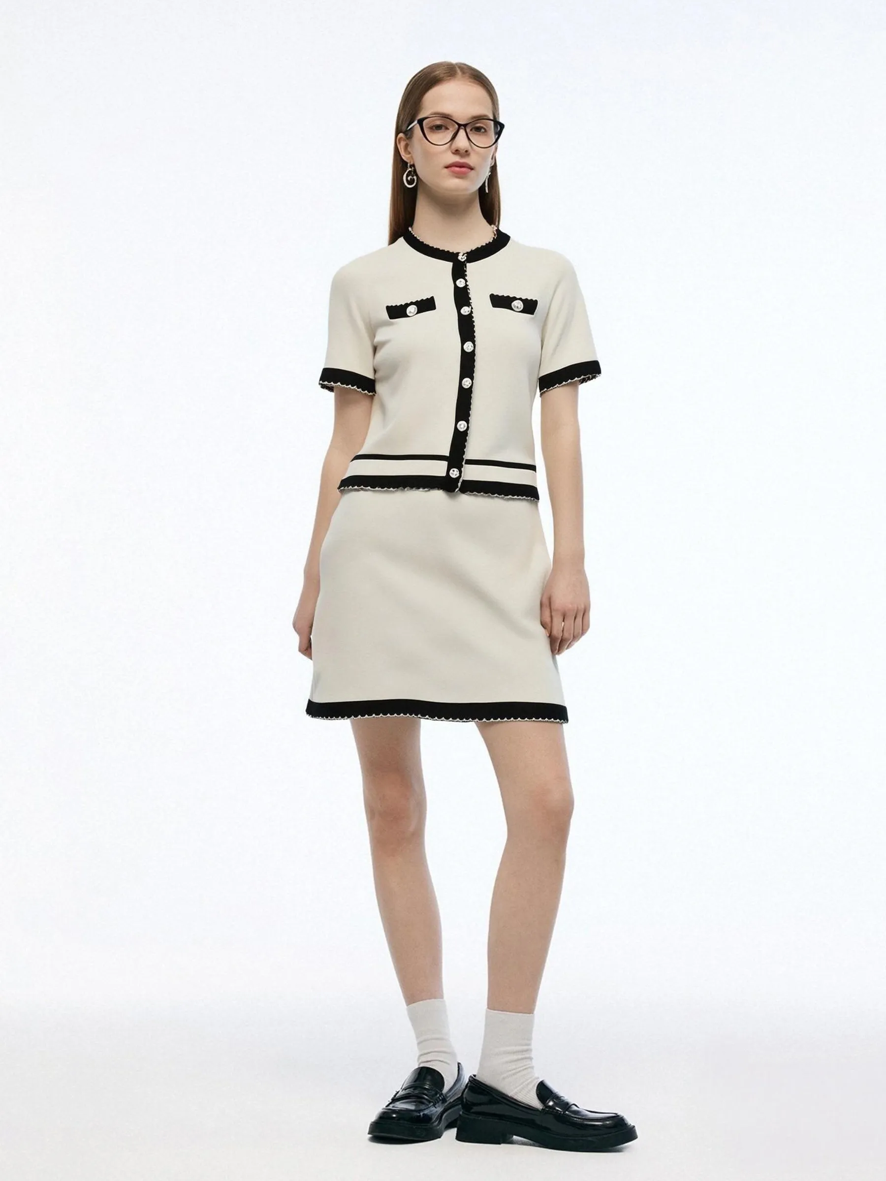 Lyocell Blend Contrast Trim Cardigan And Mini Skirt Two-Piece Set sold by Goelia product image thumbnail 4