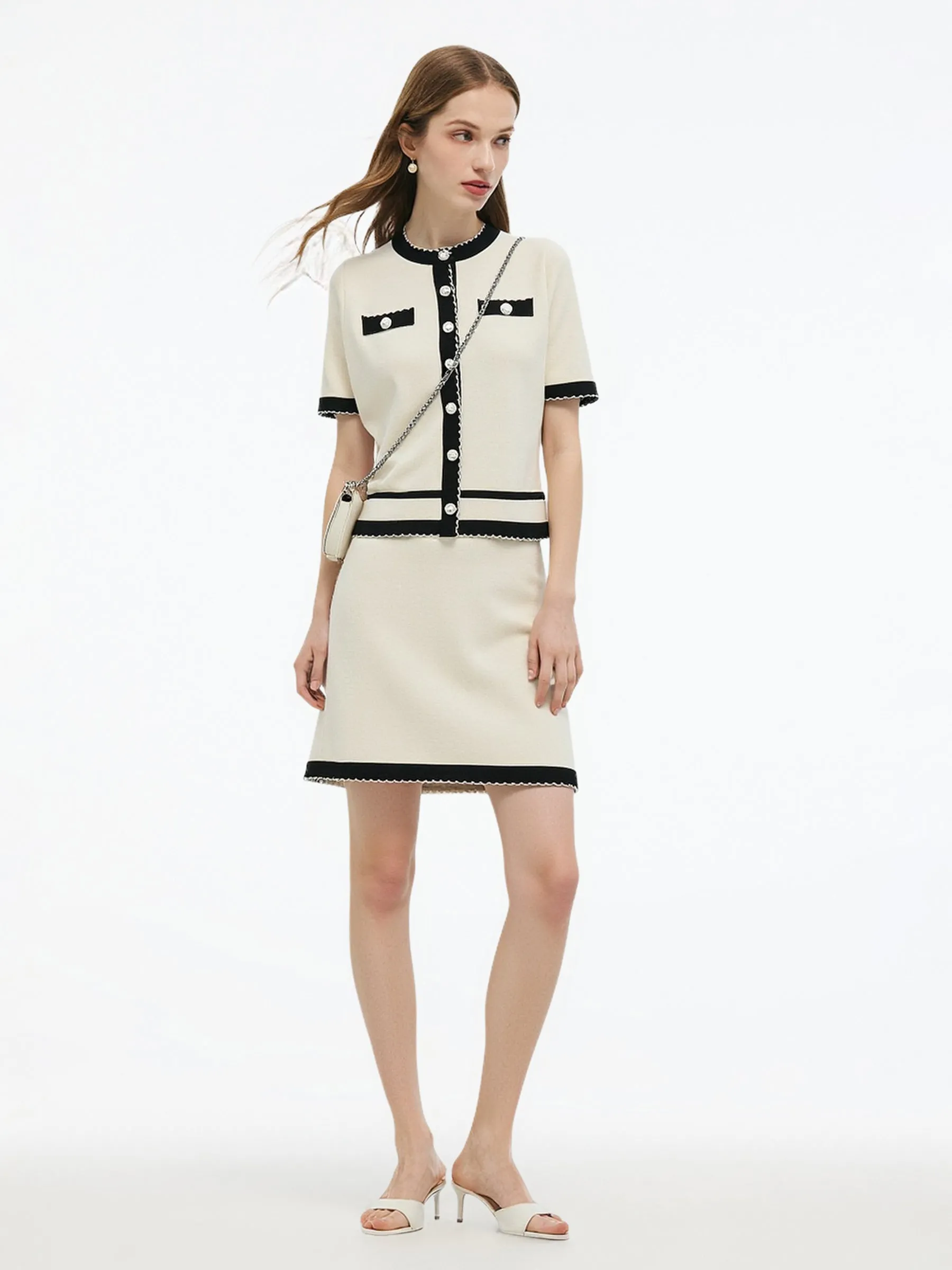 Lyocell Blend Contrast Trim Cardigan And Mini Skirt Two-Piece Set sold by Goelia product image thumbnail 3