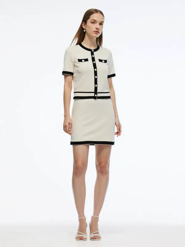 Lyocell Blend Contrast Trim Cardigan And Mini Skirt Two-Piece Set made by Goelia