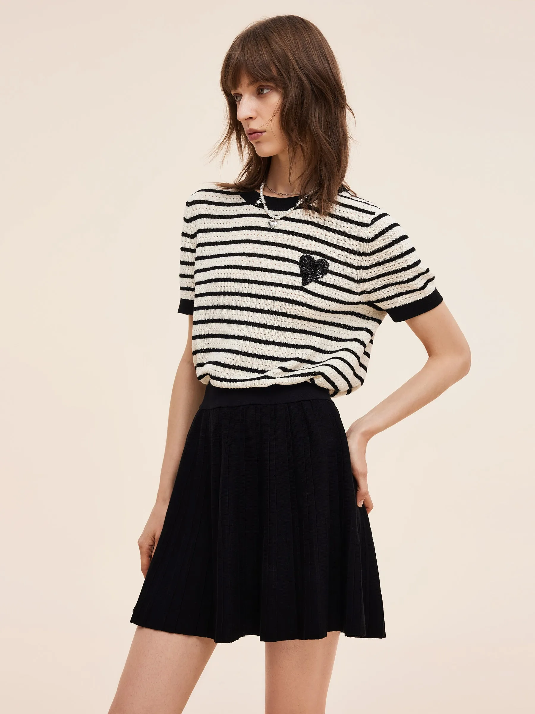 100% Cotton Stripe Women Openwork Knit T-Shirt sold by Goelia product image thumbnail 4