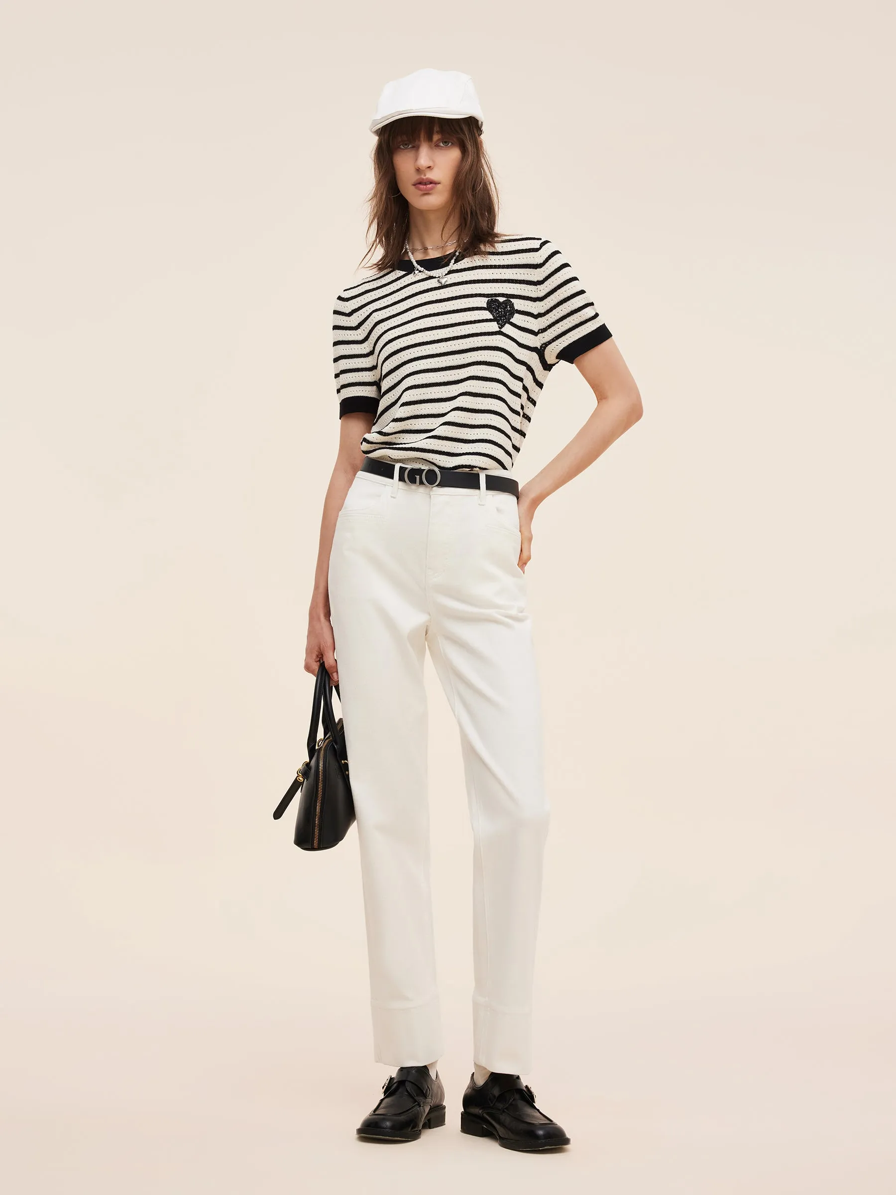 100% Cotton Stripe Women Openwork Knit T-Shirt sold by Goelia product image thumbnail 2