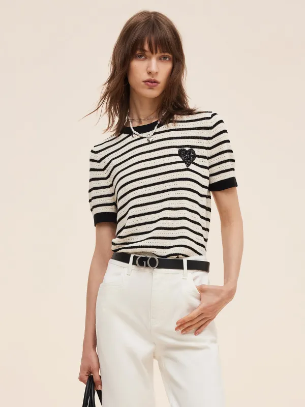 100% Cotton Stripe Women Openwork Knit T-Shirt sold by Goelia