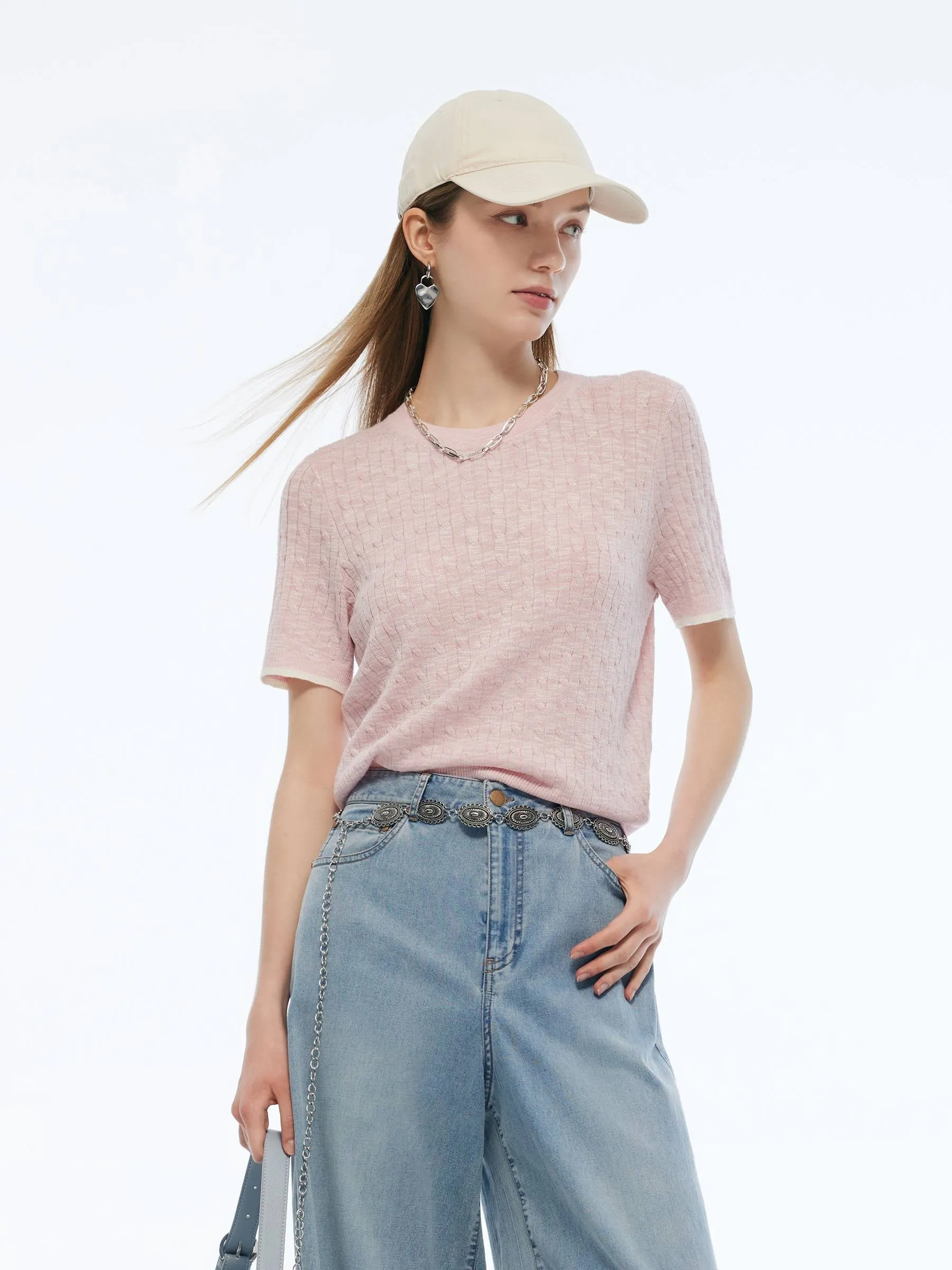 Round Neck Women Cable Knit T-Shirt sold by Goelia