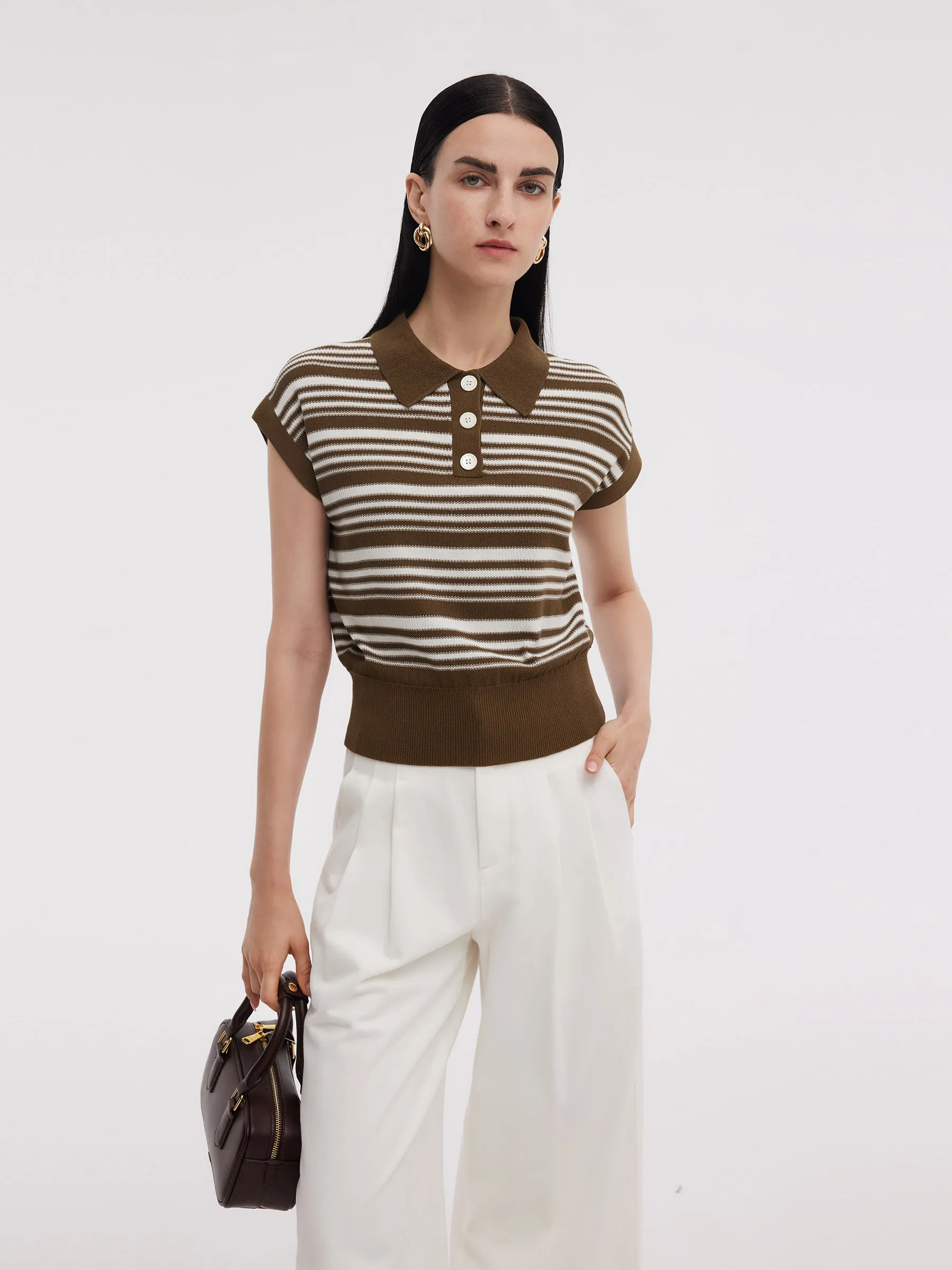 Tencel Blend Polo Collar Stripe Women Cap Sleeve Knit Tank Top sold by Goelia