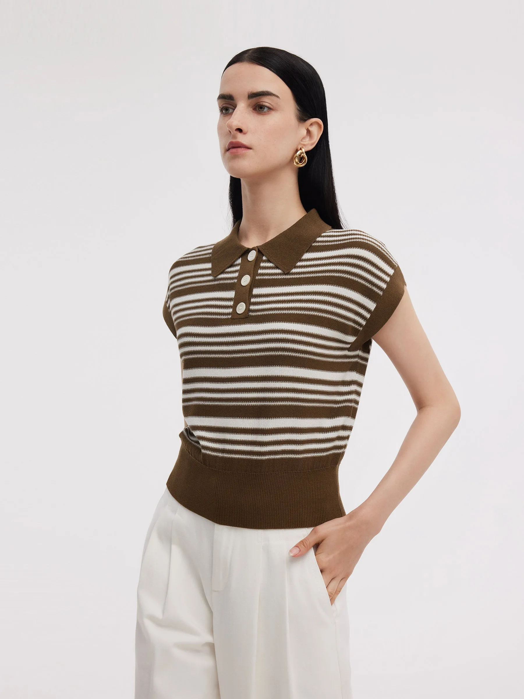 Tencel Blend Polo Collar Stripe Women Cap Sleeve Knit Tank Top sold by Goelia product image thumbnail 4